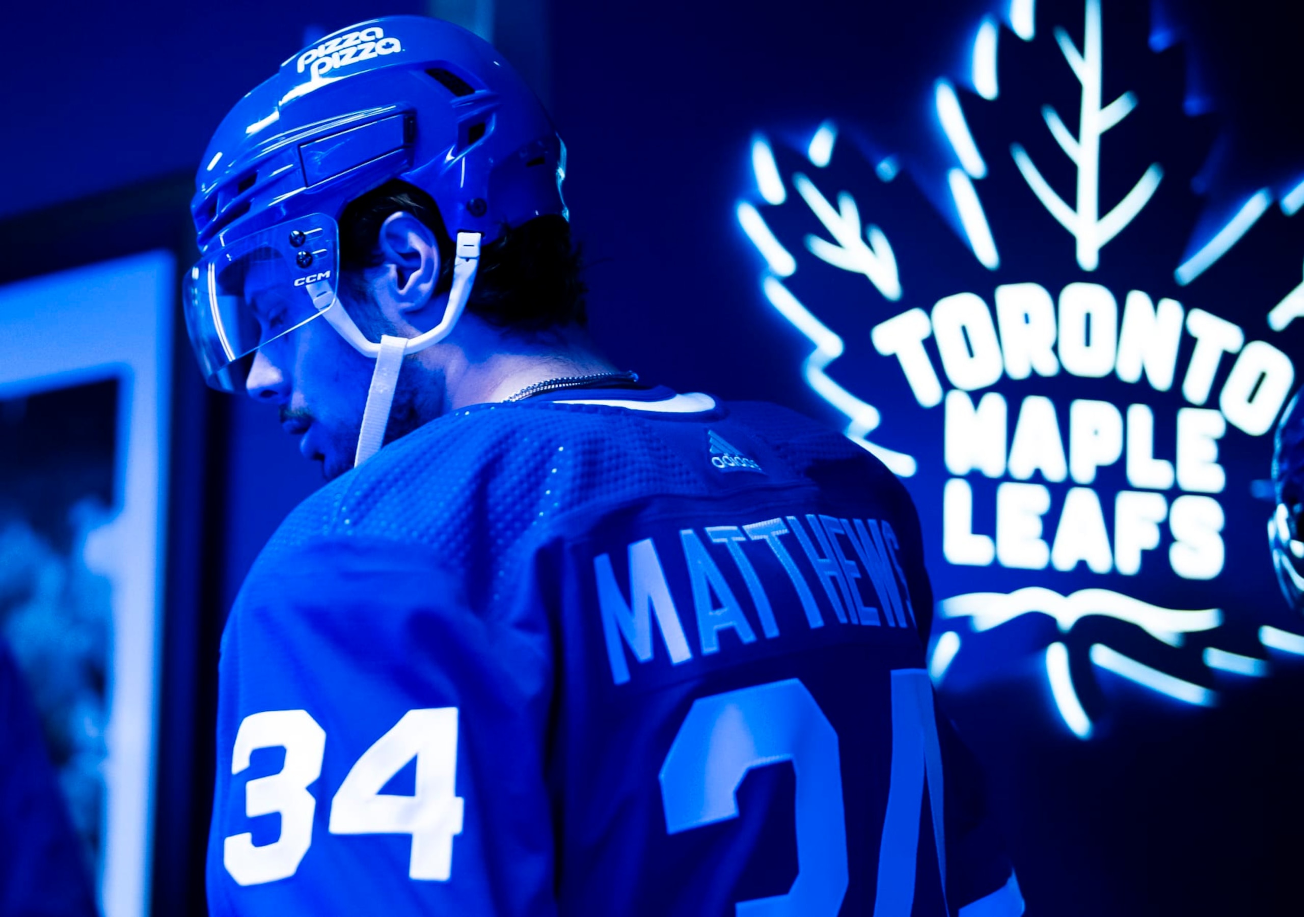 TORONTO, ON - APRIL 13: Auston Matthews #34 of the Toronto Maple Leafs walks outside the locker room ahead of playing the Detroit Red Wings at Scotiabank Arena on April 13, 2024 in Toronto, Ontario, Canada. (Photo by Mark Blinch/NHLI via Getty Images)