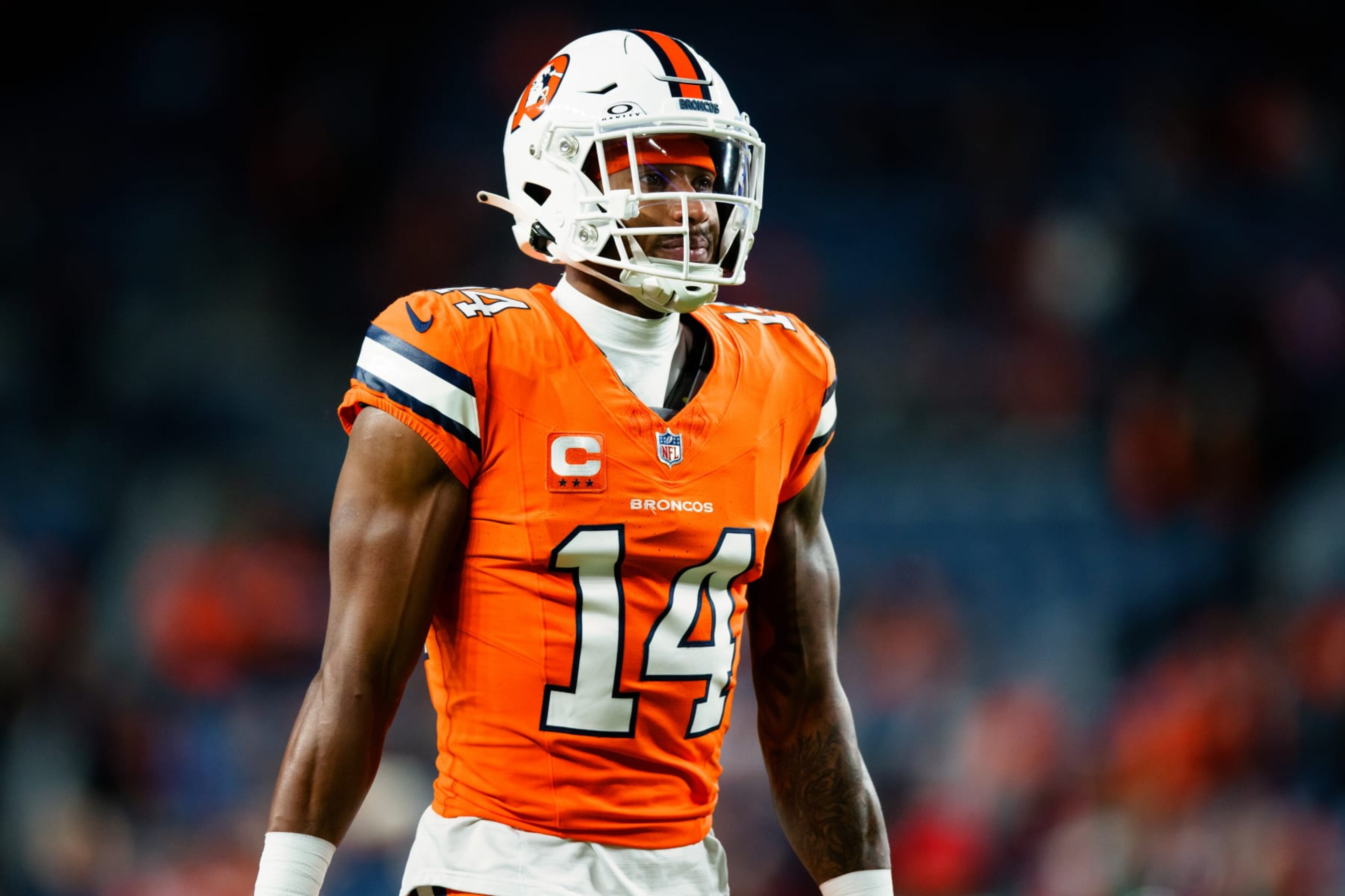 DENVER, CO - JANUARY 24:  Wide receiver Courtland Sutton #14 of the Denver Broncos walks on the field against the New England Patriots at Empower Field at Mile High on December 24, 2023 in Denver, Colorado. (Photo by Justin Edmonds/Getty Images)