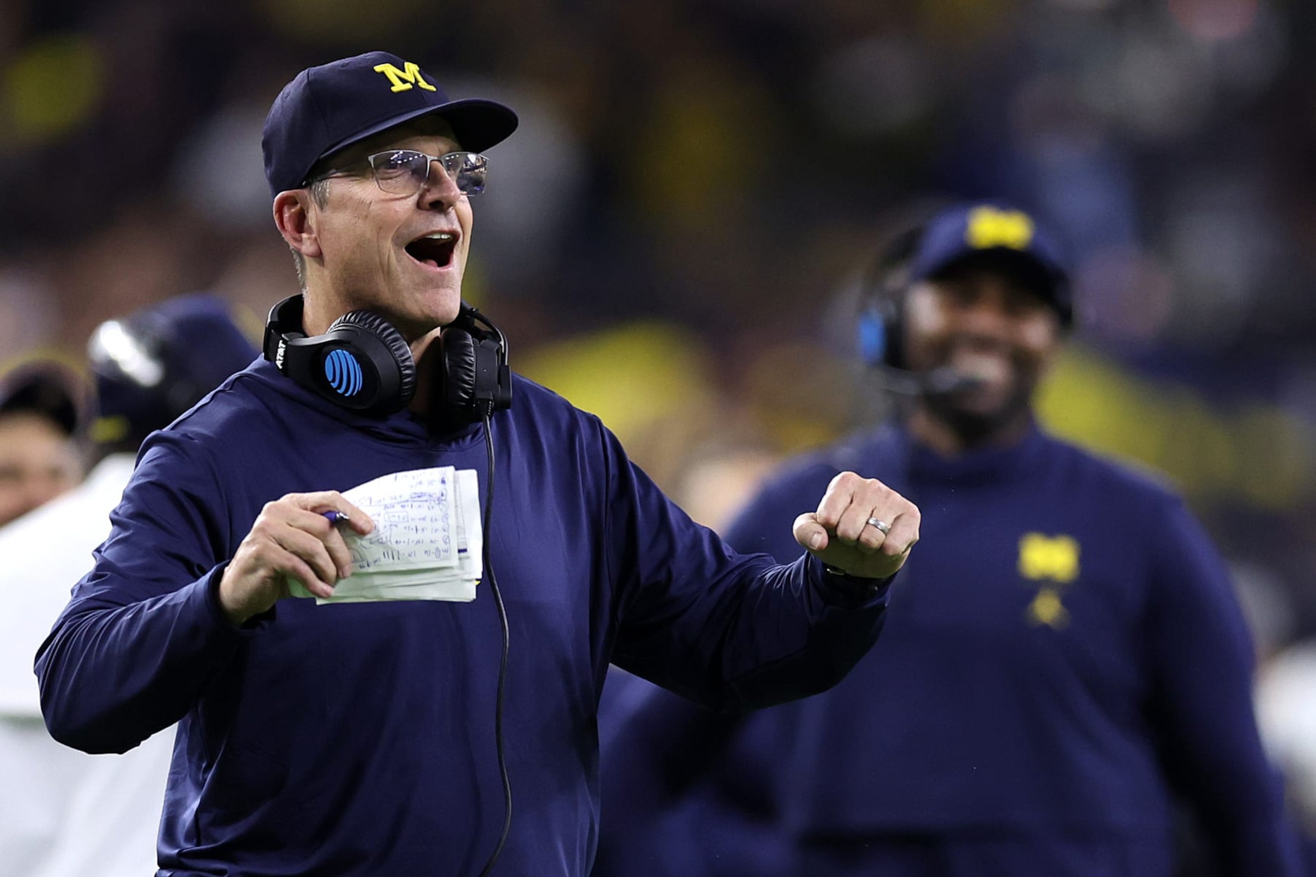 HOUSTON, TEXAS - JANUARY 08:  Head coach Jim Harbaugh of the Michigan Wolverines looks on in the first half against the Washington Huskies during the 2024 CFP National Championship game at NRG Stadium on January 08, 2024 in Houston, Texas. (Photo by Maddie Meyer/Getty Images)