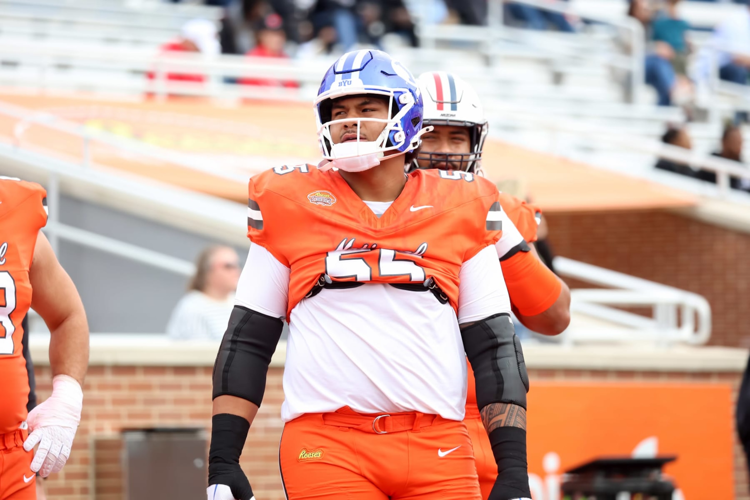 MOBILE, AL - FEBRUARY 03: National offensive lineman Kingsley Suamataia of BYU (55) during the 2024 Reese's Senior Bowl on February 3, 2024 at Hancock Whitney Stadium in Mobile, Alabama. (Photo by Michael Wade/Icon Sportswire via Getty Images) MOBILE, AL - FEBRUARY 03: National offensive lineman Kingsley Suamataia of BYU (55) during the 2024 Reese's Senior Bowl on February 3, 2024 at Hancock Whitney Stadium in Mobile, Alabama. (Photo by Michael Wade/Icon Sportswire via Getty Images)