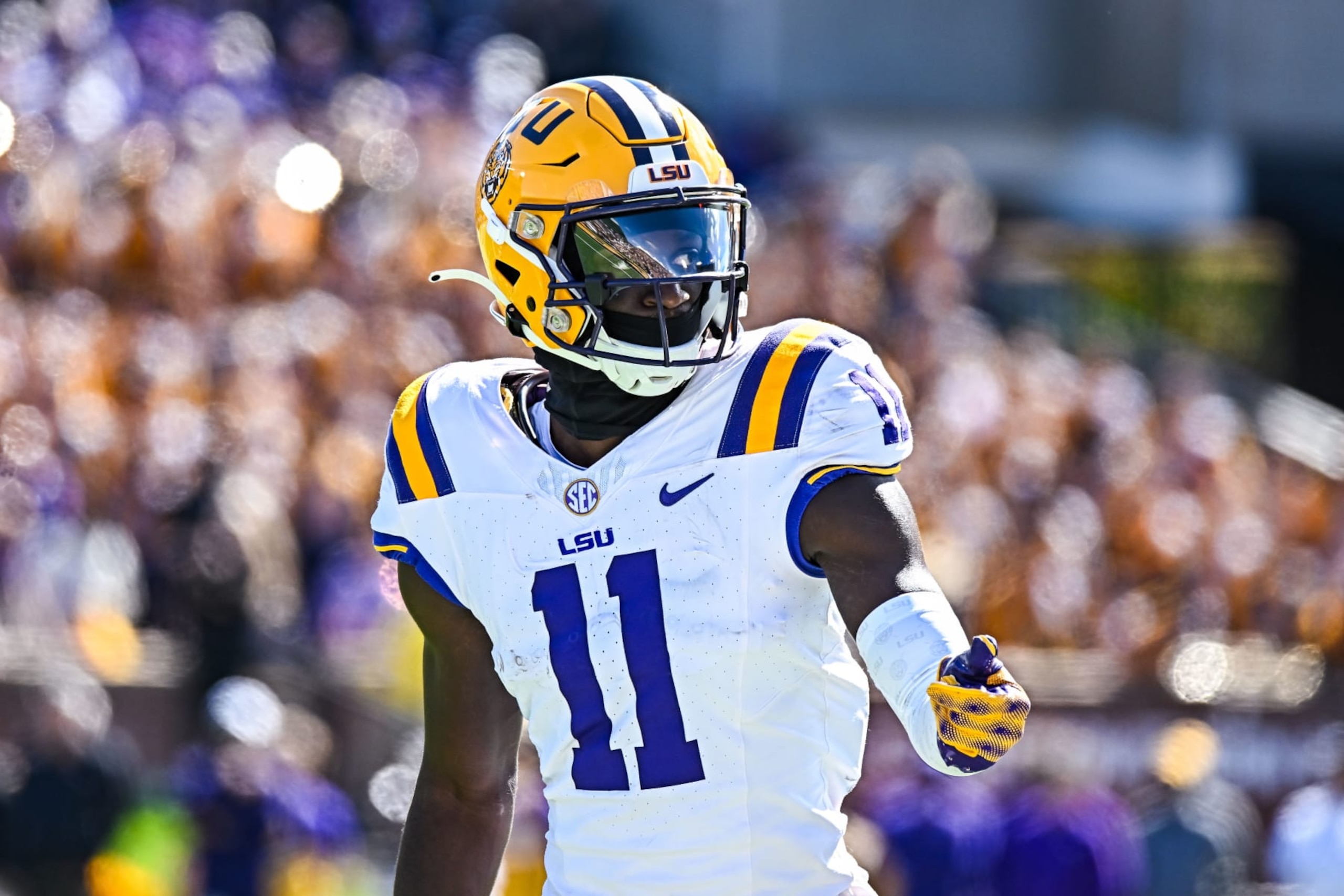 COLUMBIA, MO - OCTOBER 07: LSU Tigers wide receiver Brian Thomas Jr. (11) checks with the official to make sure he is lined up right during a SEC conference game between the Louisiana State  Tigers and the Missouri Tigers held on Saturday Oct 07, 2023 at Faurot Field at Memorial Stadium in Columbia MO. (Photo by Rick Ulreich/Icon Sportswire via Getty Images