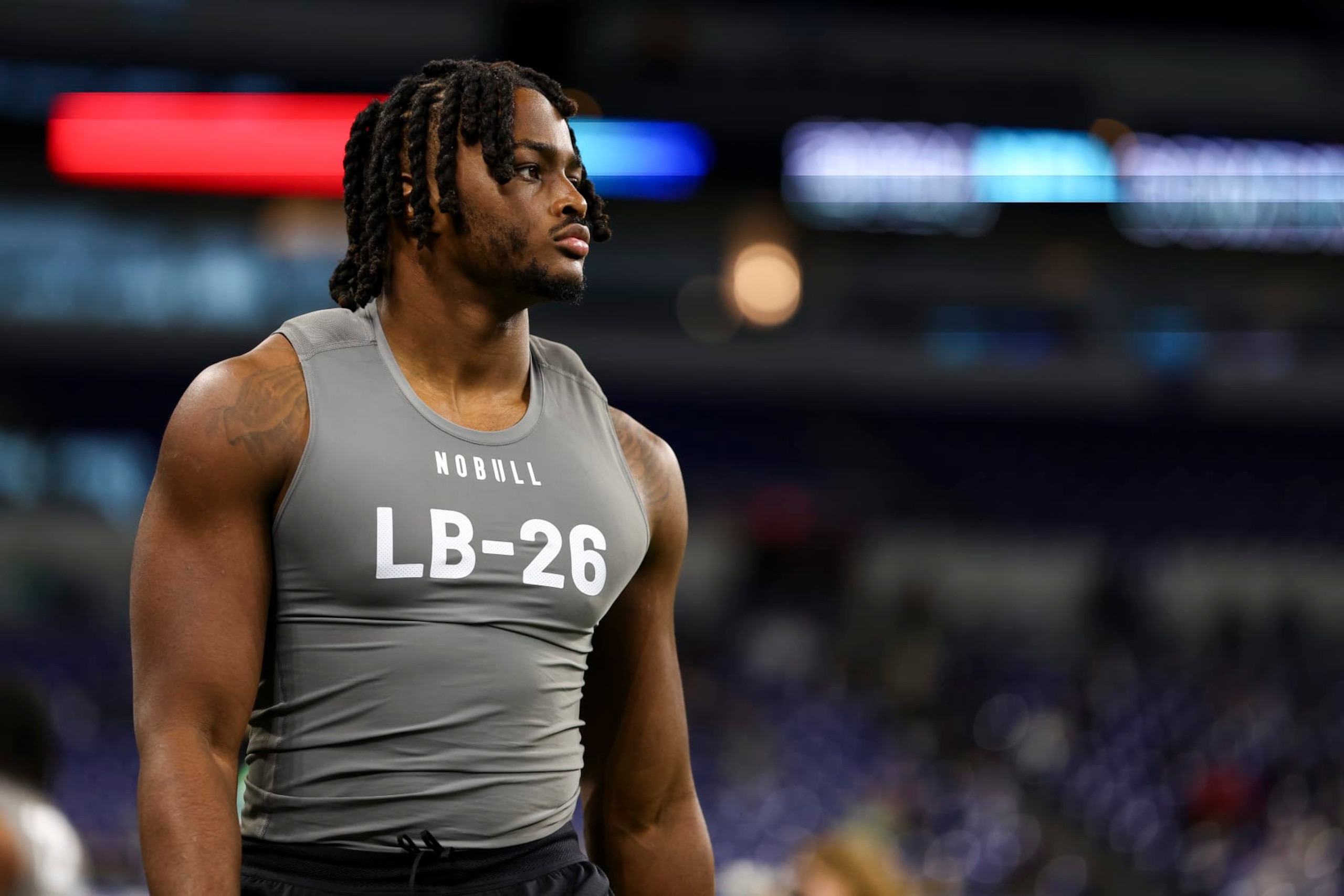 INDIANAPOLIS, INDIANA - FEBRUARY 29: Dallas Turner #LB26 of Alabama looks on during the NFL Combine at Lucas Oil Stadium on February 29, 2024 in Indianapolis, Indiana. (Photo by Kevin Sabitus/Getty Images) INDIANAPOLIS, INDIANA - FEBRUARY 29: Dallas Turner #LB26 of Alabama looks on during the NFL Combine at Lucas Oil Stadium on February 29, 2024 in Indianapolis, Indiana. (Photo by Kevin Sabitus/Getty Images)