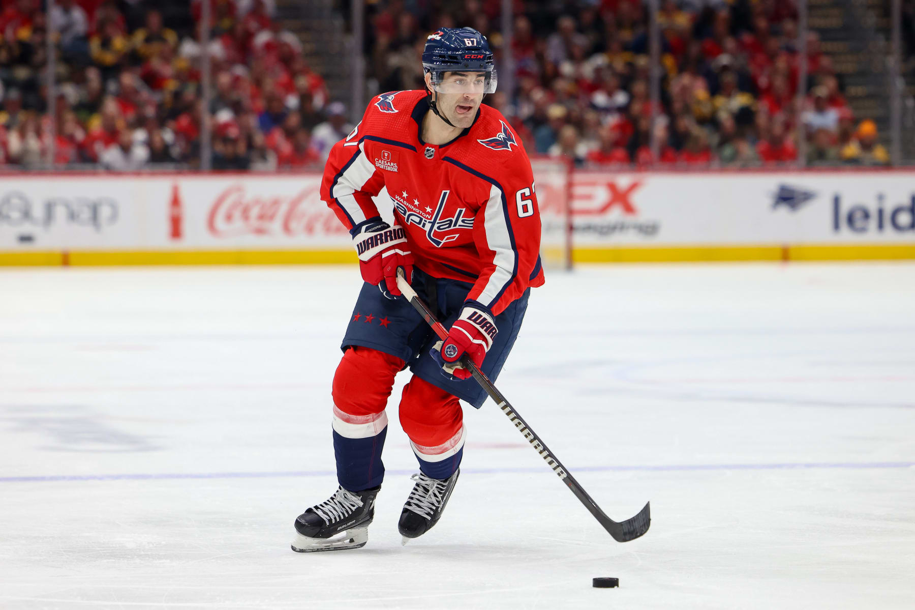 WASHINGTON, DC - APRIL 15: Max Pacioretty #67 of the Washington Capitals controls the puck during a game against the Boston Bruins at Capital One Arena on April 15, 2024 in Washington, D.C. (Photo by John McCreary/NHLI via Getty Images)