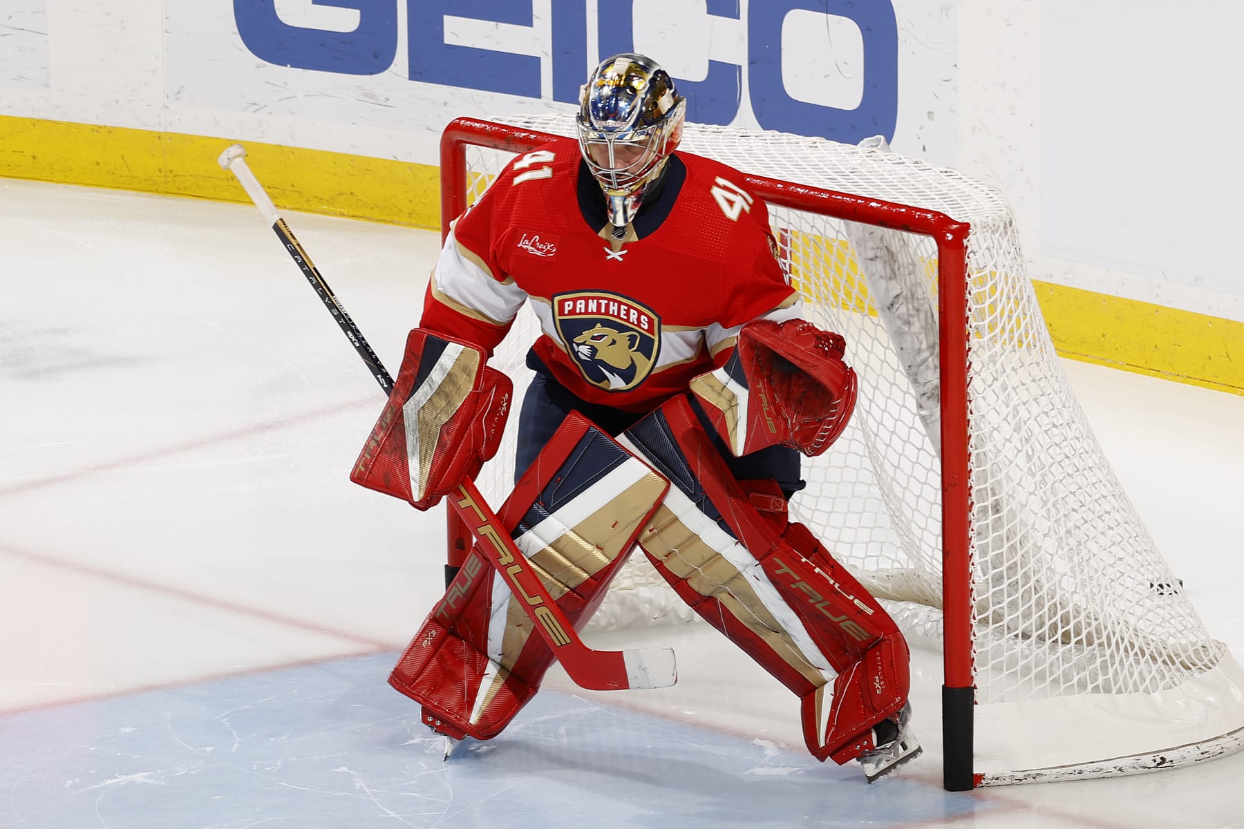 SUNRISE, FL - APRIL 16: Goaltender Anthony Stolarz #41 of the Florida Panthers warms up prior to the game against the Toronto Maple Leafs at the Amerant Bank Arena on April 16, 2024 in Sunrise, Florida. (Photo by Joel Auerbach/Getty Images)