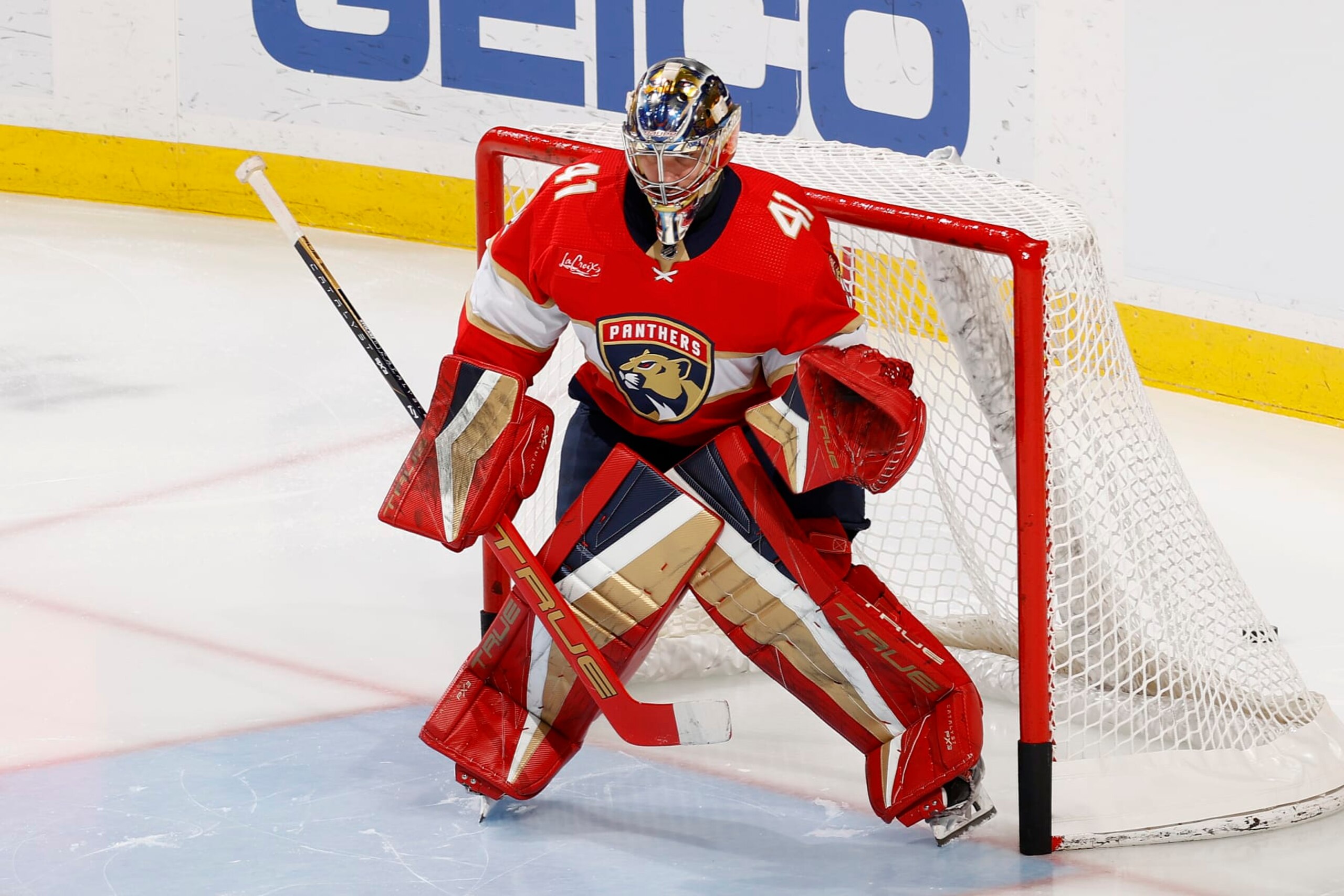 SUNRISE, FL - APRIL 16: Goaltender Anthony Stolarz #41 of the Florida Panthers warms up prior to the game against the Toronto Maple Leafs at the Amerant Bank Arena on April 16, 2024 in Sunrise, Florida. (Photo by Joel Auerbach/Getty Images)