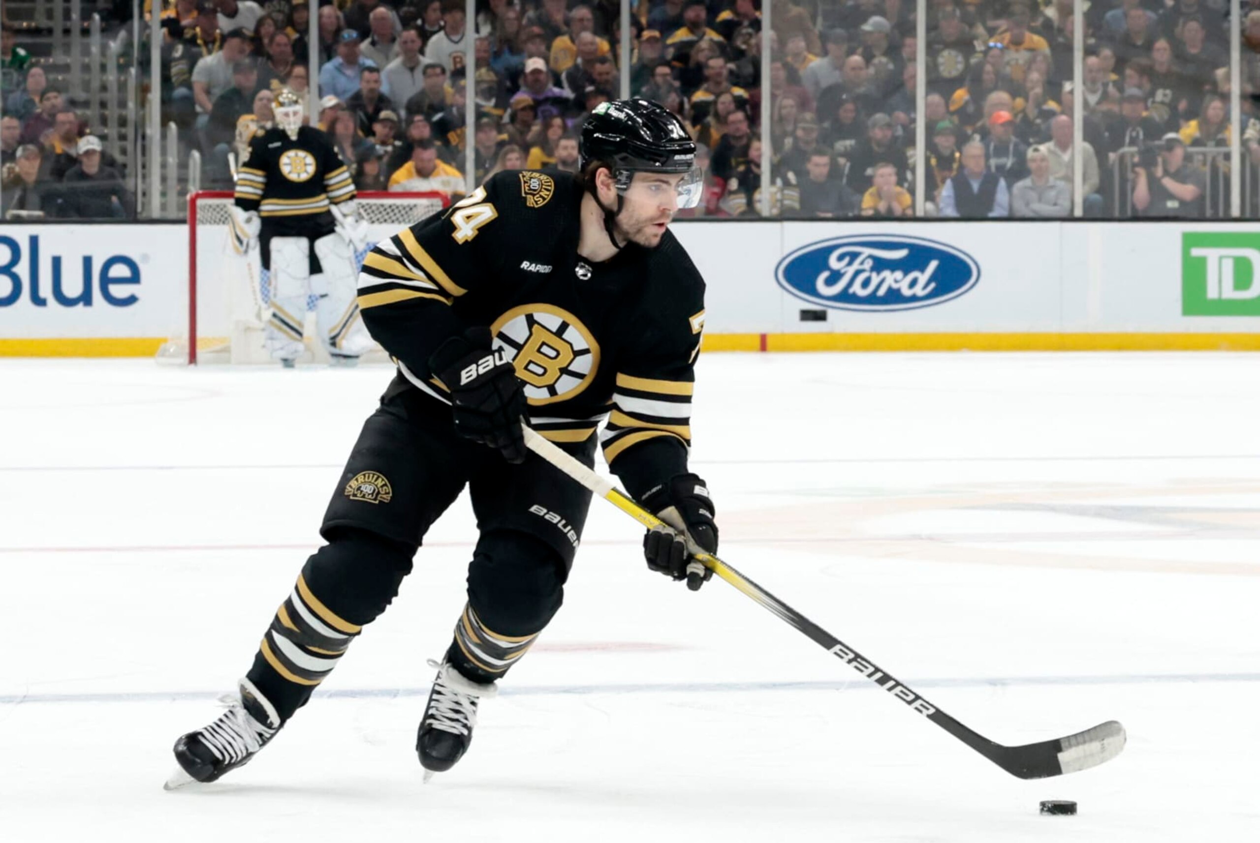 BOSTON, MA - APRIL 16: Boston Bruins left wing Jake DeBrusk (74) gains the blue line during a game between the Boston Bruins and the Ottawa Senators on April 16, 2024, at TD Garden in Boston, Massachusetts. (Photo by Fred Kfoury III/Icon Sportswire via Getty Images)