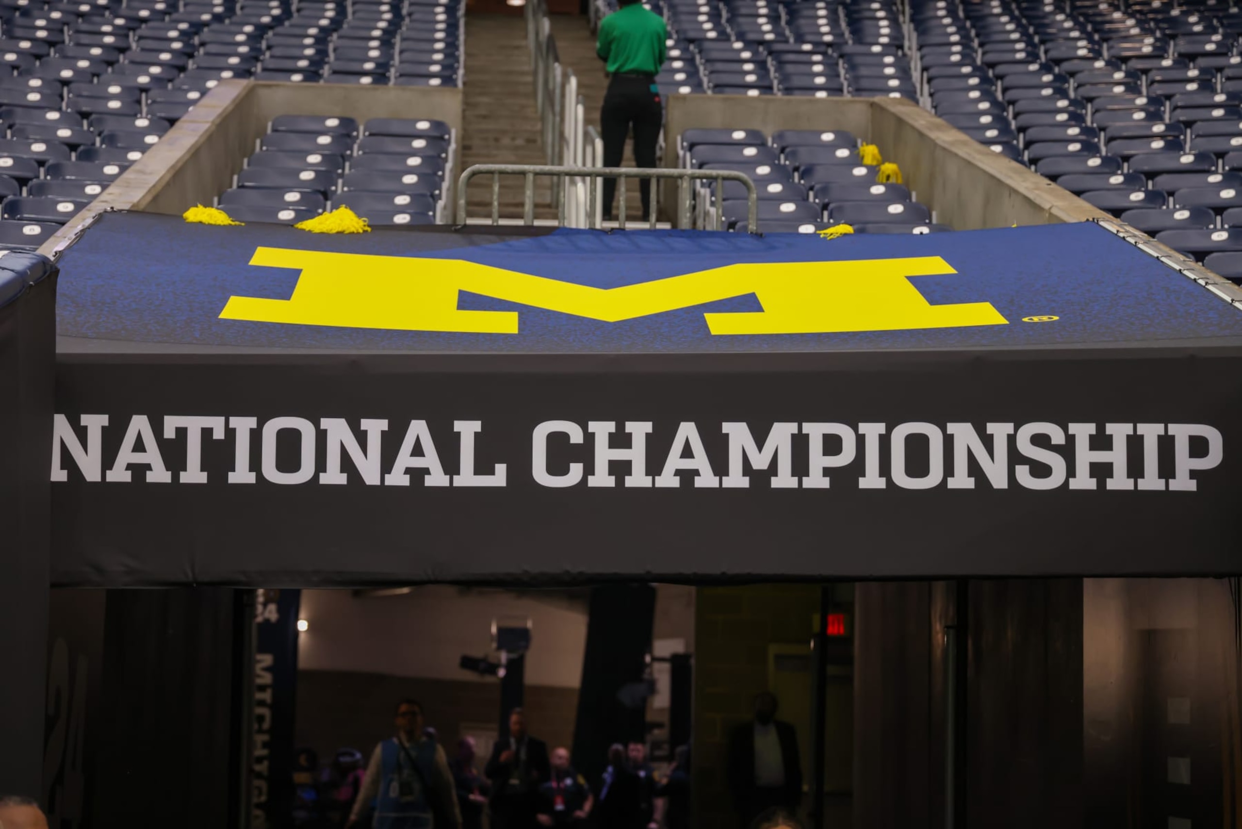 HOUSTON, TX - JANUARY 08: The Michigan logo is displayed above the tunnel before the CFP National Championship game Michigan Wolverines and Washington Huskies on January 8, 2024, at NRG Stadium in Houston, Texas. (Photo by David Buono/Icon Sportswire via Getty Images) HOUSTON, TX - JANUARY 08: The Michigan logo is displayed above the tunnel before the CFP National Championship game Michigan Wolverines and Washington Huskies on January 8, 2024, at NRG Stadium in Houston, Texas. (Photo by David Buono/Icon Sportswire via Getty Images)