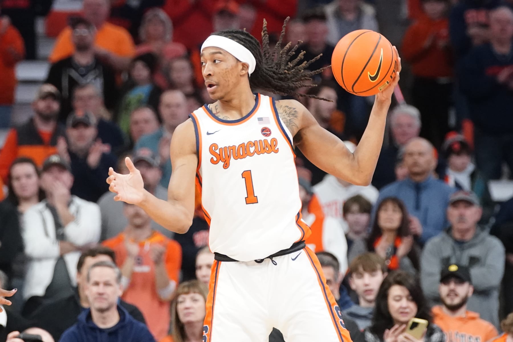 SYRACUSE, NY - FEBRUARY 07: Syracuse Orange Forward Maliq Brown (1) grabs a rebound during the first half of the College Basketball game between the Louisville Cardinals and the Syracuse Orange on February 7, 2024, at the JMA Wireless Dome in Syracuse, NY. (Photo by Gregory Fisher/Icon Sportswire via Getty Images)