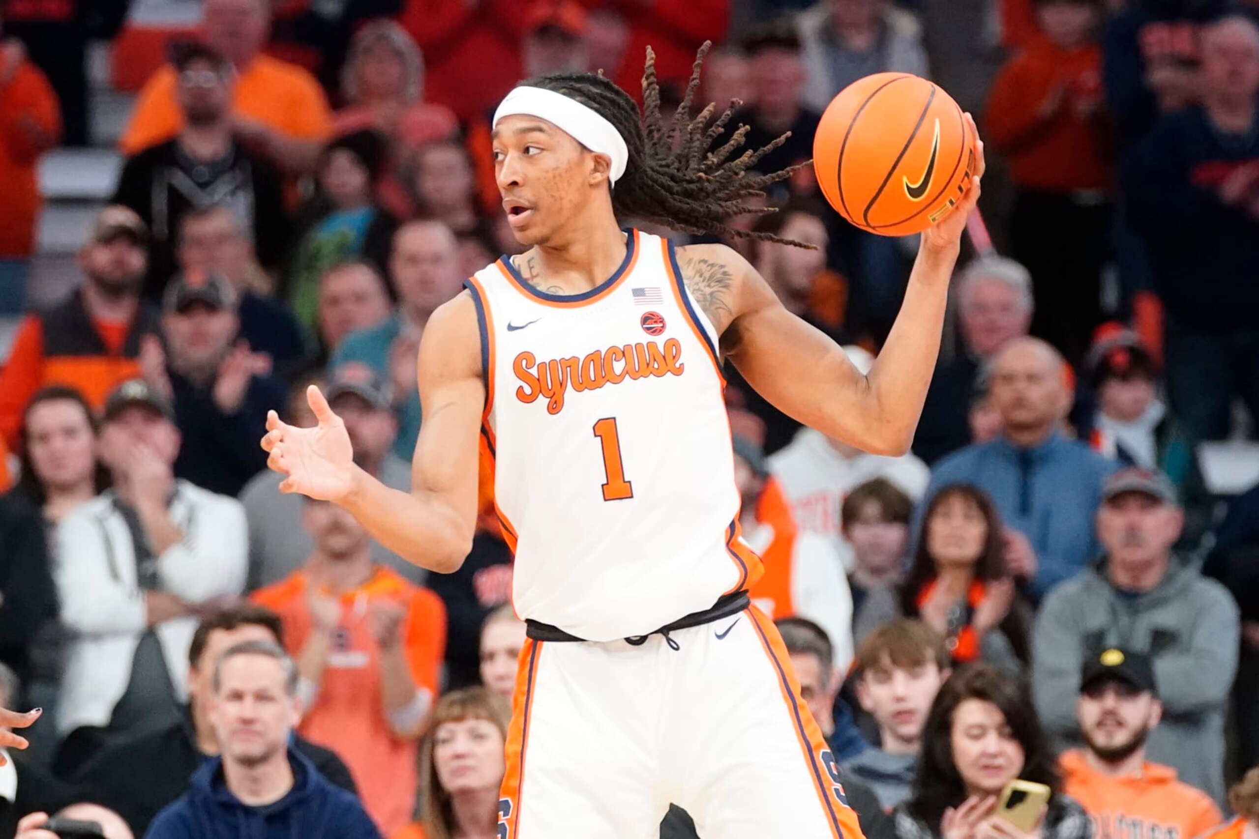 SYRACUSE, NY - FEBRUARY 07: Syracuse Orange Forward Maliq Brown (1) grabs a rebound during the first half of the College Basketball game between the Louisville Cardinals and the Syracuse Orange on February 7, 2024, at the JMA Wireless Dome in Syracuse, NY. (Photo by Gregory Fisher/Icon Sportswire via Getty Images)