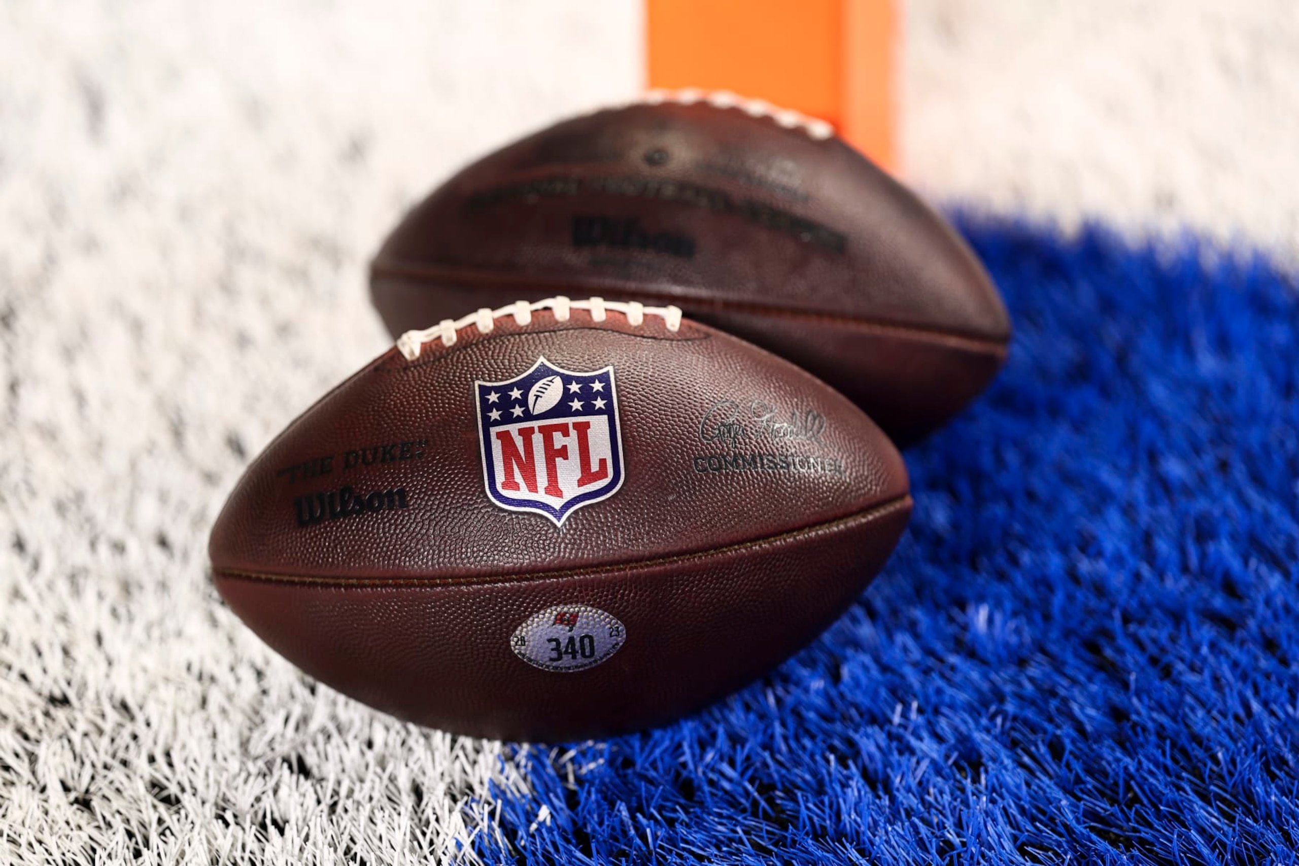 DETROIT, MI - JANUARY 21: A detail shot of two Wilson footballs prior to an NFL divisional round playoff football game between the Detroit Lions and the Tampa Bay Buccaneers at Ford Field on January 21, 2024 in Detroit, Michigan. (Photo by Kevin Sabitus/Getty Images) DETROIT, MI - JANUARY 21: A detail shot of two Wilson footballs prior to an NFL divisional round playoff football game between the Detroit Lions and the Tampa Bay Buccaneers at Ford Field on January 21, 2024 in Detroit, Michigan. (Photo by Kevin Sabitus/Getty Images)