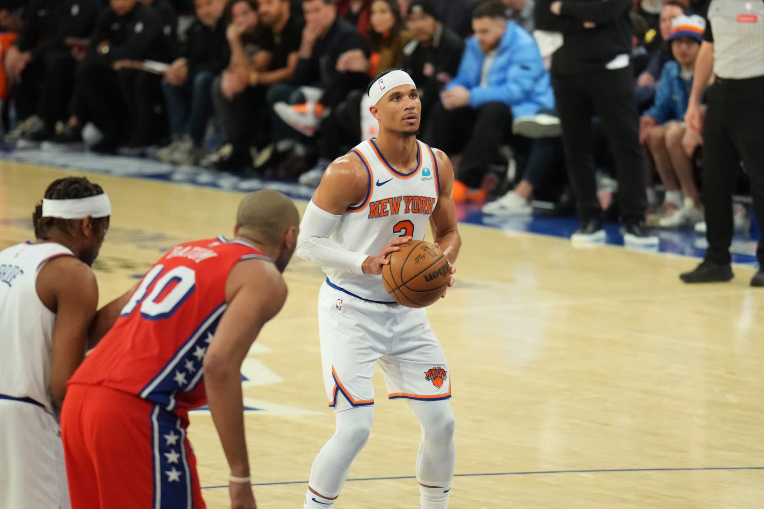 NEW YORK, NY - APRIL 20: Josh Hart #3 of the New York Knicks shoots a free throw during the game against the Philadelphia 76ers during Round 1 Game 1 of the 2024 NBA Playoffs on April 20, 2024 at Madison Square Garden in New York City, New York. NOTE TO USER: User expressly acknowledges and agrees that, by downloading and or using this photograph, User is consenting to the terms and conditions of the Getty Images License Agreement. Mandatory Copyright Notice: Copyright 2024 NBAE (Photo Jesse D. Garrabrant/NBAE via Getty Images) NEW YORK, NY - APRIL 20: Josh Hart #3 of the New York Knicks shoots a free throw during the game against the Philadelphia 76ers during Round 1 Game 1 of the 2024 NBA Playoffs on April 20, 2024 at Madison Square Garden in New York City, New York. NOTE TO USER: User expressly acknowledges and agrees that, by downloading and or using this photograph, User is consenting to the terms and conditions of the Getty Images License Agreement. Mandatory Copyright Notice: Copyright 2024 NBAE (Photo Jesse D. Garrabrant/NBAE via Getty Images)