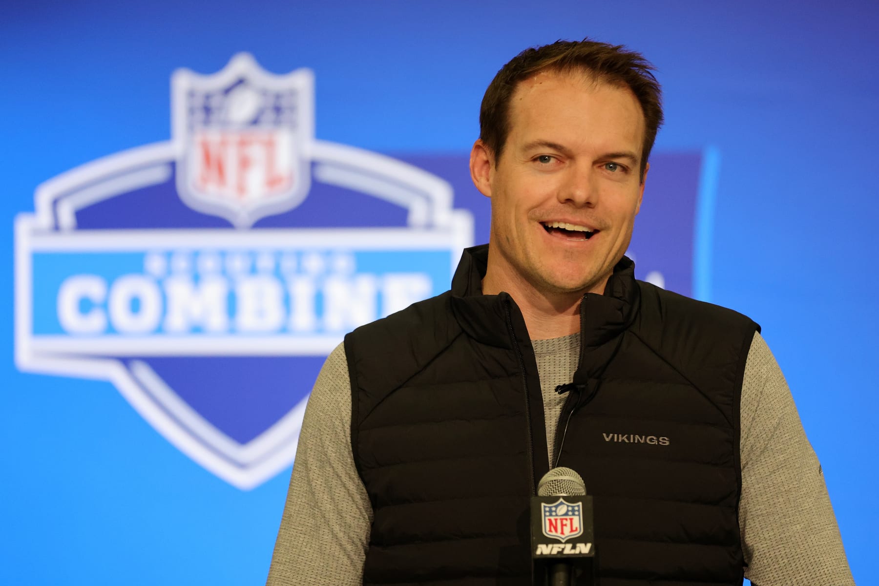 INDIANAPOLIS, INDIANA - FEBRUARY 27: Head coach Kevin O'Connell of the Minnesota Vikings speaks to the media during the NFL Combine at the Indiana Convention Center on February 27, 2024 in Indianapolis, Indiana. (Photo by Stacy Revere/Getty Images)
