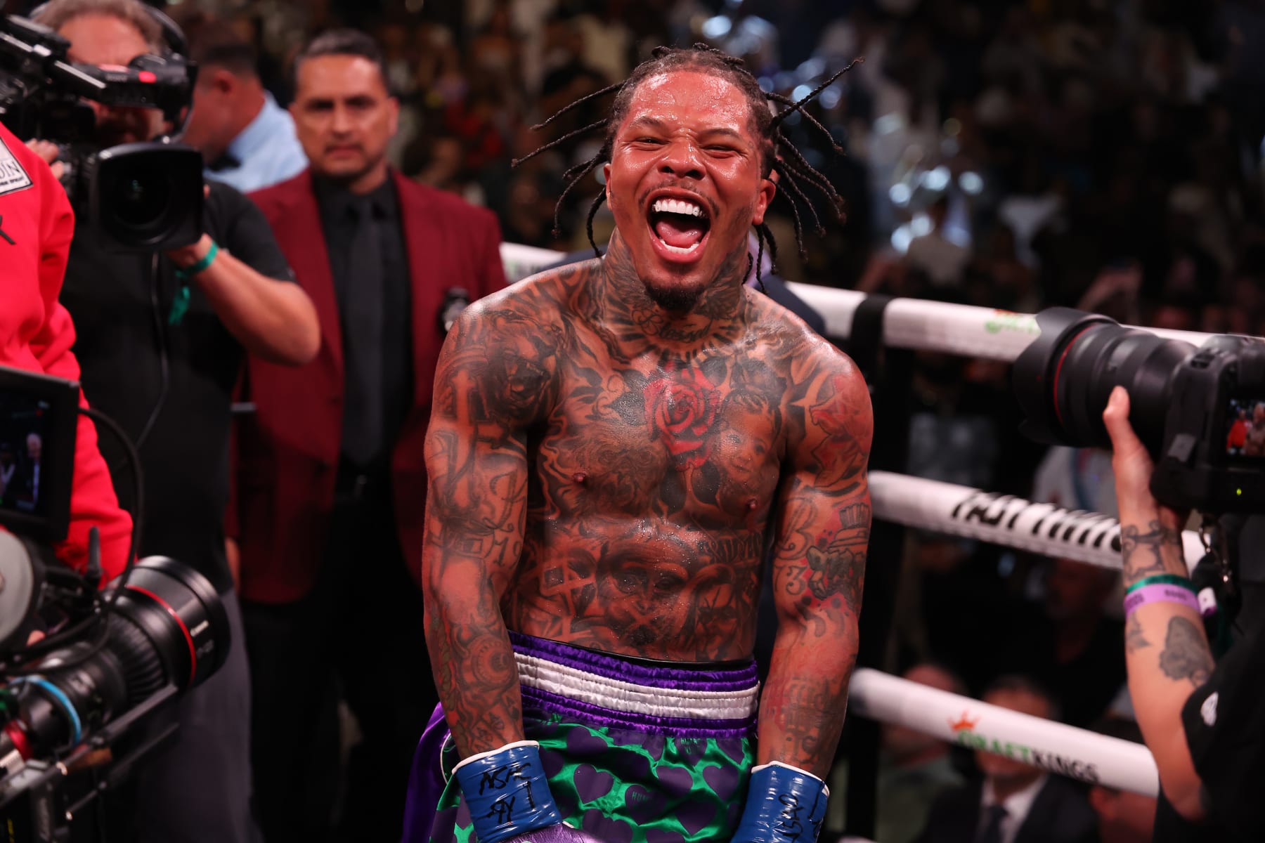 LAS VEGAS, NEVADA - APRIL 22: Gervonta Davis in the green and purple trunks reacts after defeating Ryan Garcia in the black trunks by knockout in the seventh round during their catchweight bout at T-Mobile Arena on April 22, 2023 in Las Vegas, Nevada. (Photo by Al Bello/Getty Images)