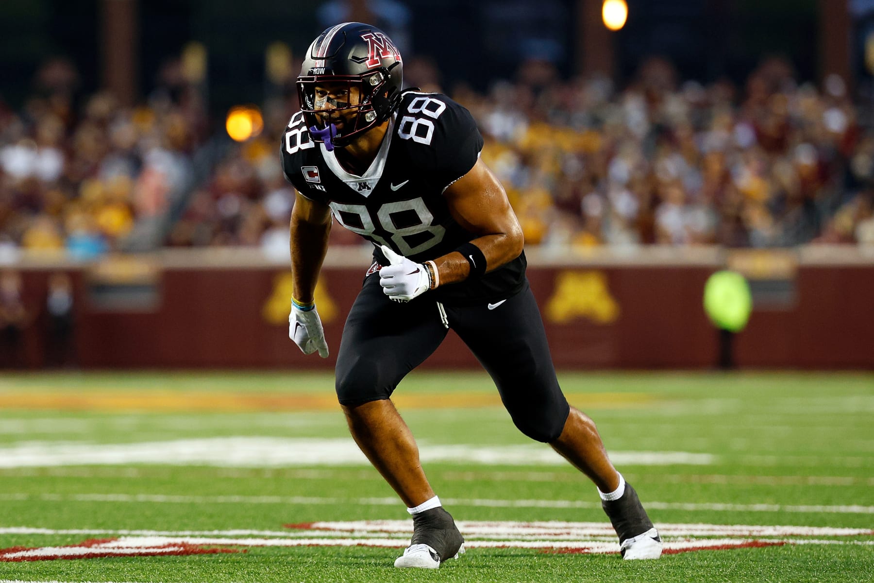 MINNEAPOLIS, MINNESOTA - SEPTEMBER 09: Brevyn Spann-Ford #88 of the Minnesota Golden Gophers competes against the Eastern Michigan Eagles in the first half at Huntington Bank Stadium on September 09, 2023 in Minneapolis, Minnesota. The Golden Gophers defeated the Eagles 25-6. (Photo by David Berding/Getty Images)
