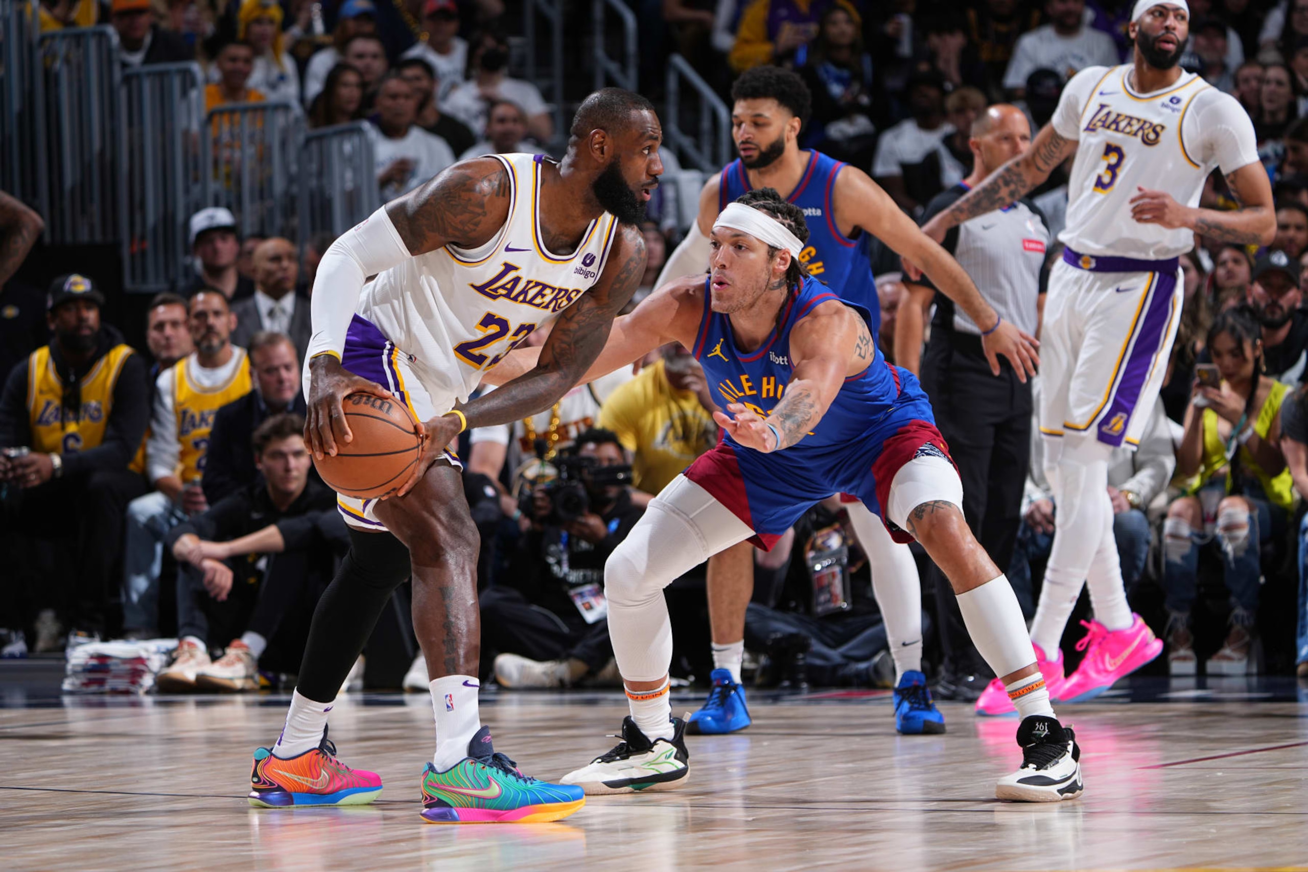 DENVER, CO - APRIL 20: LeBron James #23 of the Los Angeles Lakers dribbles the ball during the game against the Denver Nuggets during Round 1 Game 1 of the 2024 NBA Playoffs on April 20, 2024 at the Ball Arena in Denver, Colorado. NOTE TO USER: User expressly acknowledges and agrees that, by downloading and/or using this Photograph, user is consenting to the terms and conditions of the Getty Images License Agreement. Mandatory Copyright Notice: Copyright 2024 NBAE (Photo by Garrett Ellwood/NBAE via Getty Images) DENVER, CO - APRIL 20: LeBron James #23 of the Los Angeles Lakers dribbles the ball during the game against the Denver Nuggets during Round 1 Game 1 of the 2024 NBA Playoffs on April 20, 2024 at the Ball Arena in Denver, Colorado. NOTE TO USER: User expressly acknowledges and agrees that, by downloading and/or using this Photograph, user is consenting to the terms and conditions of the Getty Images License Agreement. Mandatory Copyright Notice: Copyright 2024 NBAE (Photo by Garrett Ellwood/NBAE via Getty Images)