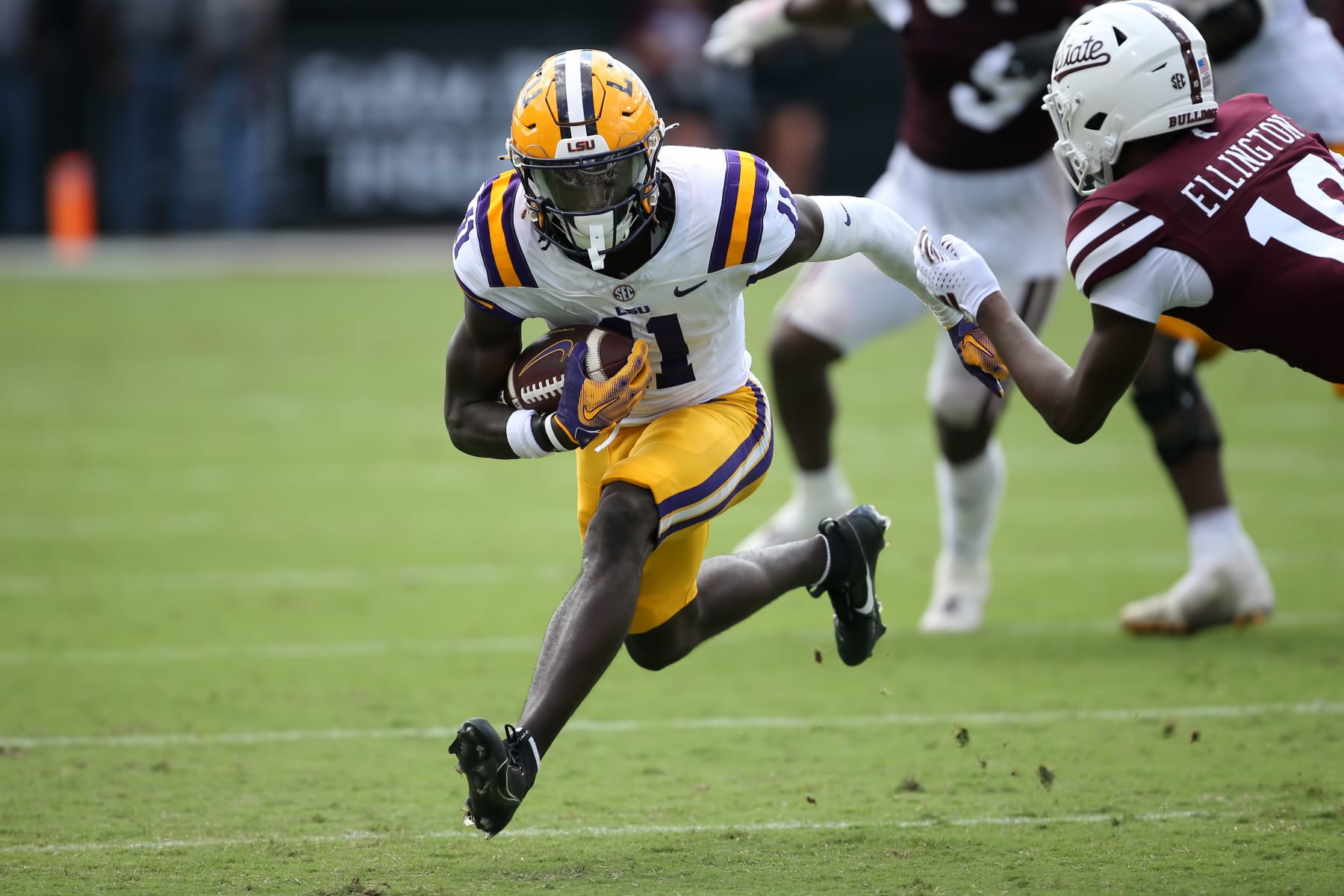 STARKVILLE, MS - SEPTEMBER 16: LSU Tigers wide receiver Brian Thomas Jr. (11) during the game between the Mississippi State Bulldogs and the LSU Tigers on September 16, 2023 at Davis Wade Stadium in Starkville, Mississippi.  (Photo by Michael Wade/Icon Sportswire via Getty Images)