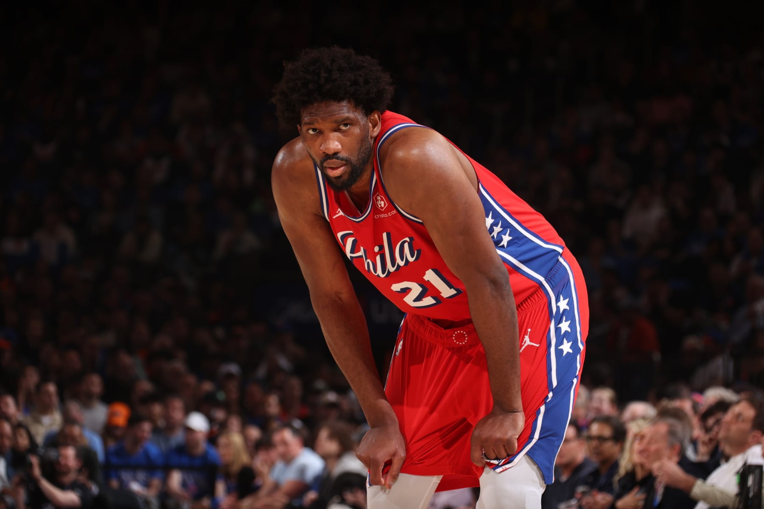 NEW YORK, NY - APRIL 20:  Joel Embiid #21 of the Philadelphia 76ers looks on during the game against the New York Knicks during Round 1 Game 1 of the 2024 NBA Playoffs on April 20, 2024 at Madison Square Garden in New York City, New York.  NOTE TO USER: User expressly acknowledges and agrees that, by downloading and or using this photograph, User is consenting to the terms and conditions of the Getty Images License Agreement. Mandatory Copyright Notice: Copyright 2024 NBAE  (Photo by Nathaniel S. Butler/NBAE via Getty Images)
