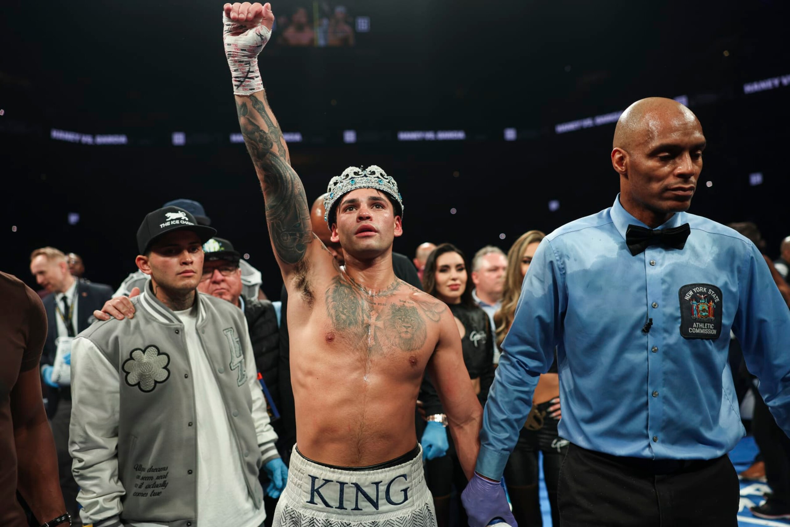 NEW YORK, NEW YORK - APRIL 20: Ryan Garcia celebrates after defeating Devin Haney in a fight at Barclays Center on April 20, 2024 in New York City.  (Photo by Cris Esqueda/Golden Boy/Getty Images)