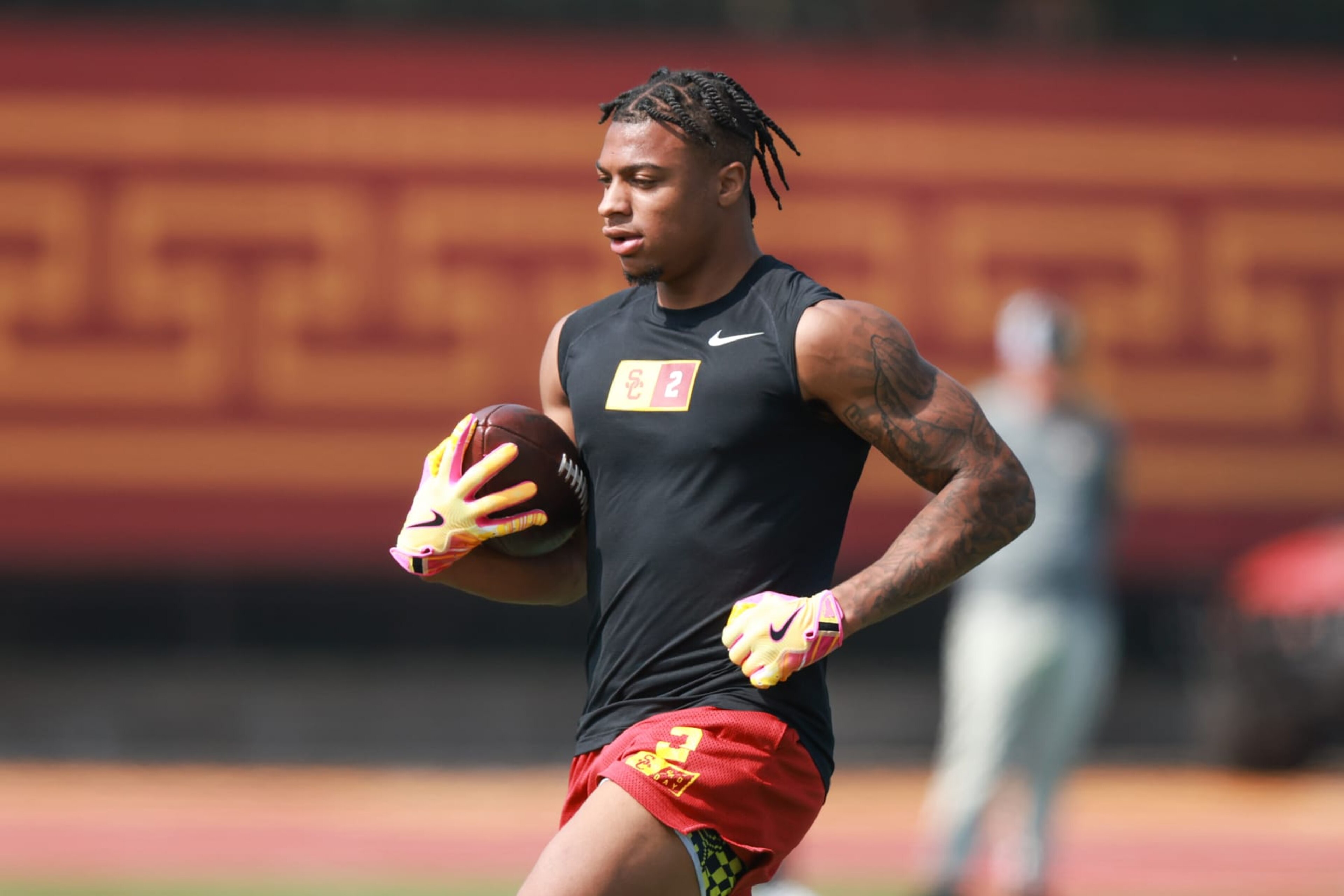 LOS ANGELES, CA - MARCH 20: USC Trojans wide receiver Brenden Rice performs drills in front of NFL scouts during the USC Pro Day on March 20, 2024 at Loker Stadium in Los Angeles, CA. (Photo by Jordon Kelly/Icon Sportswire via Getty Images)