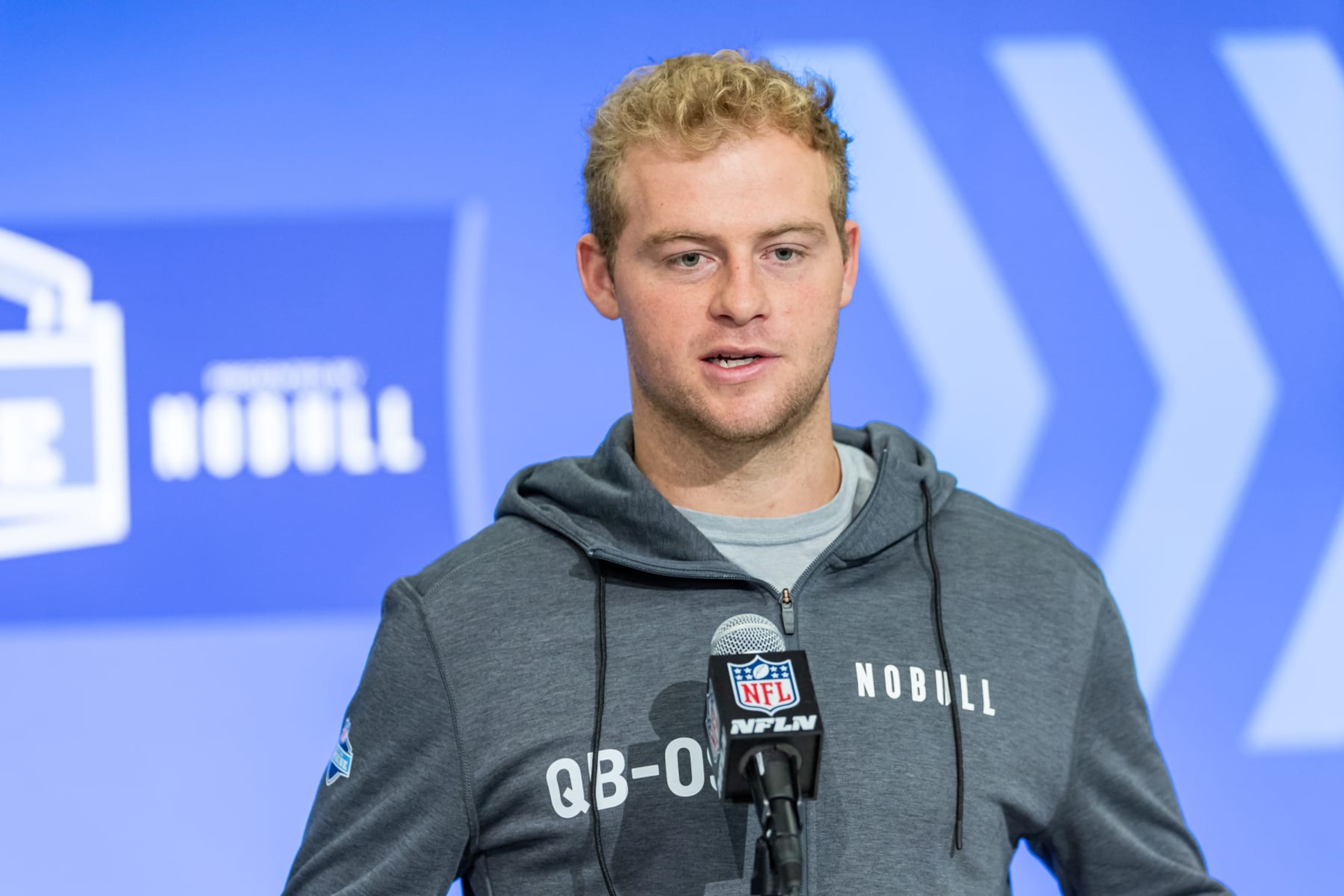 INDIANAPOLIS, INDIANA - MARCH 01: Mike Pratt #QB09 of the Tulane Green Wave speaks to the media during the 2024 NFL Draft Combine at Lucas Oil Stadium on March 01, 2024 in Indianapolis, Indiana. (Photo by Michael Hickey/Getty Images)