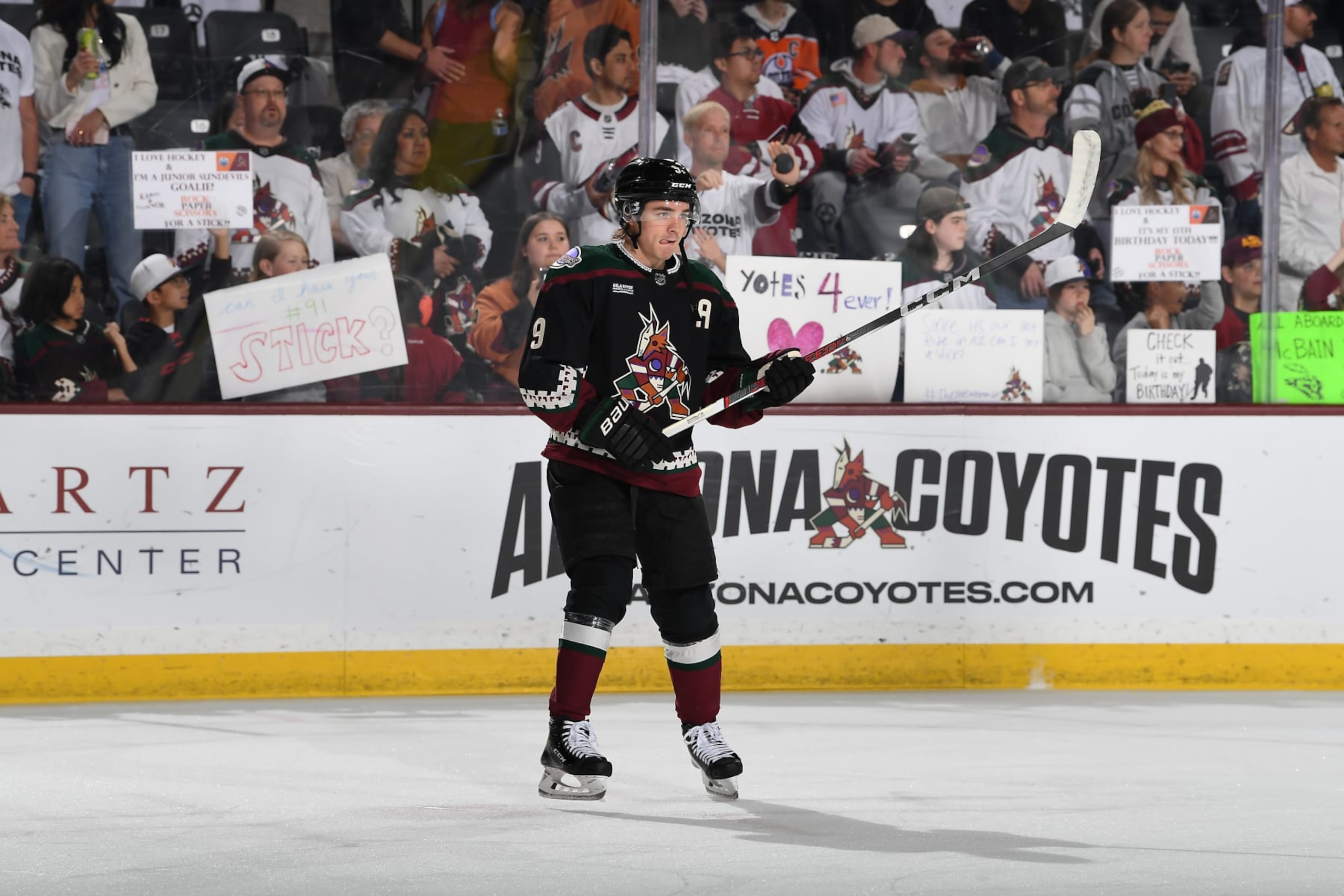 TEMPE, ARIZONA - APRIL 17: Clayton Keller #9 of the Arizona Coyotes warms up prior to the game against the Edmonton Oilers at Mullett Arena on April 17, 2024 in Tempe, Arizona. (Photo by Norm Hall/NHLI via Getty Images)