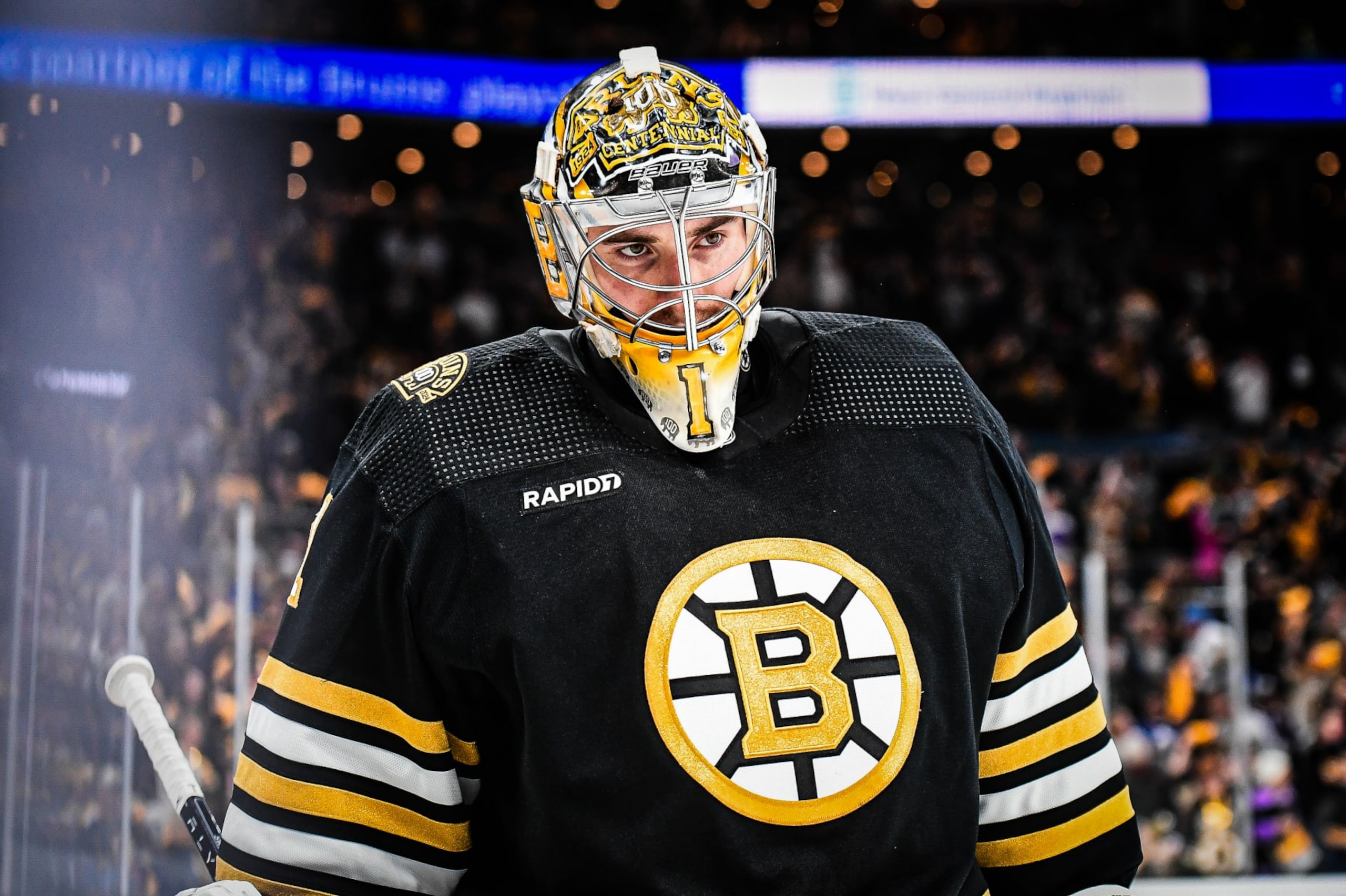 BOSTON, MASSACHUSETTS - APRIL 20: Jeremy Swayman #1 of the Boston Bruins skates during the third period against the Toronto Maple Leafs at TD Garden on April 20, 2024 in Boston, Massachusetts. (Photo by China Wong/NHLI via Getty Images)