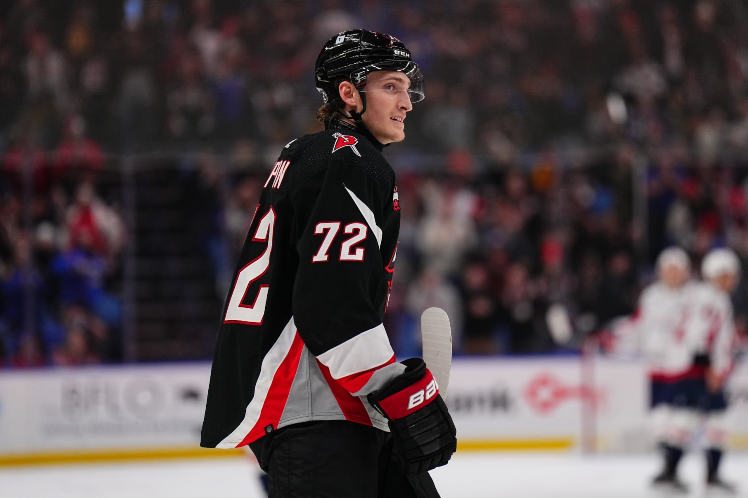 BUFFALO, NEW YORK - APRIL 2: Tage Thompson #72 of the Buffalo Sabres celebrates with teammates after a goal during the third period against the Washington Capitals during an NHL game on April 2, 2024 at KeyBank Center in Buffalo, New York. (Photo by Ben Ludeman/NHLI via Getty Images)