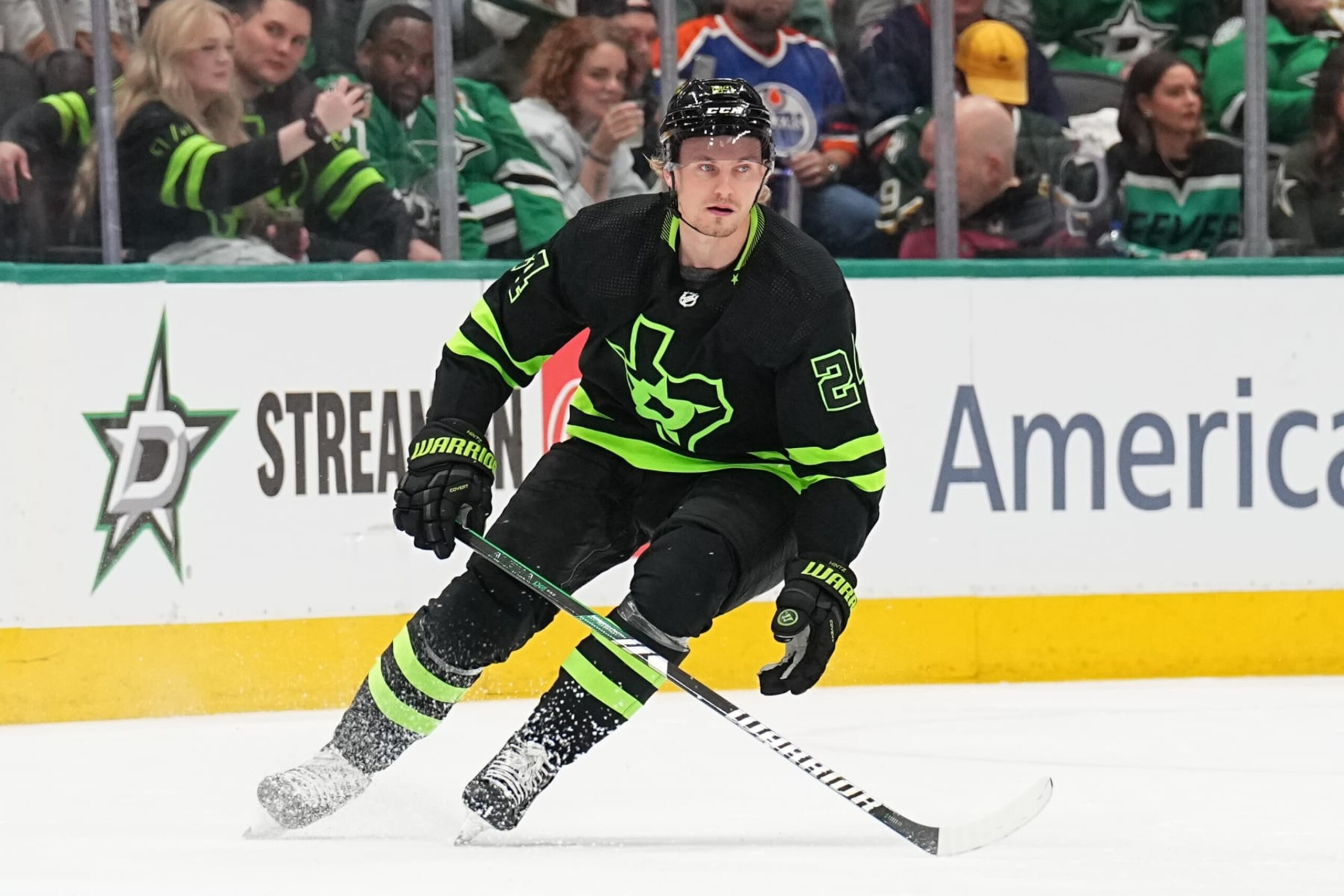 DALLAS, TX - APRIL 3: Roope Hintz #24 of the Dallas Stars skates against the Edmonton Oilers at the American Airlines Center on April 3, 2024 in Dallas, Texas. (Photo by Glenn James/NHLI via Getty Images)