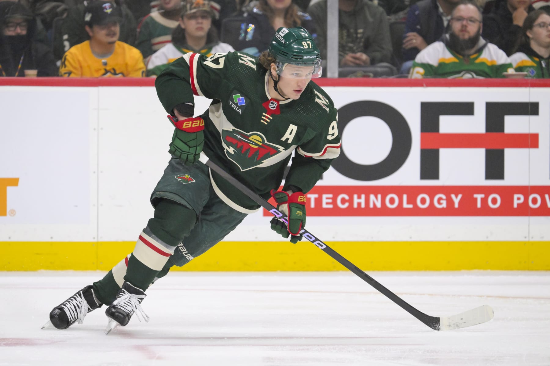 ST. PAUL, MN - APRIL 18: Minnesota Wild forward Kirill Kaprizov (97) turns up ice during the first period of an NHL game between the Minnesota Wild and Seattle Kraken on April 18, 2024, at Xcel Energy Center in St. Paul, MN. (Photo by Nick Wosika/Icon Sportswire via Getty Images)
