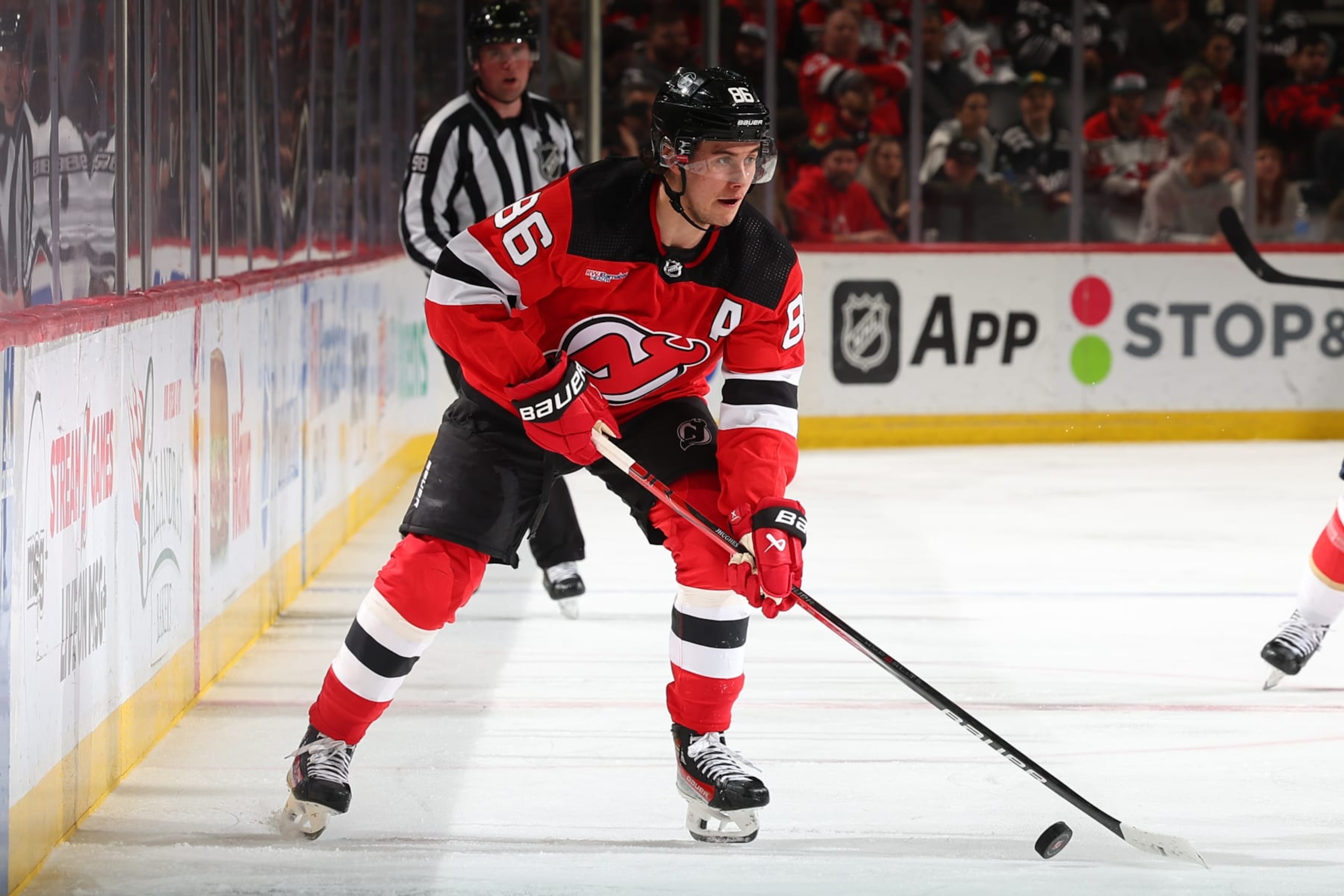 NEWARK, NJ - MARCH 05: Jack Hughes #86 of the New Jersey Devils skates in the third period of the game against the Florida Panthers at the Prudential Center on March 5, 2024 in Newark, New Jersey.  (Photo by Rich Graessle/NHLI via Getty Images)