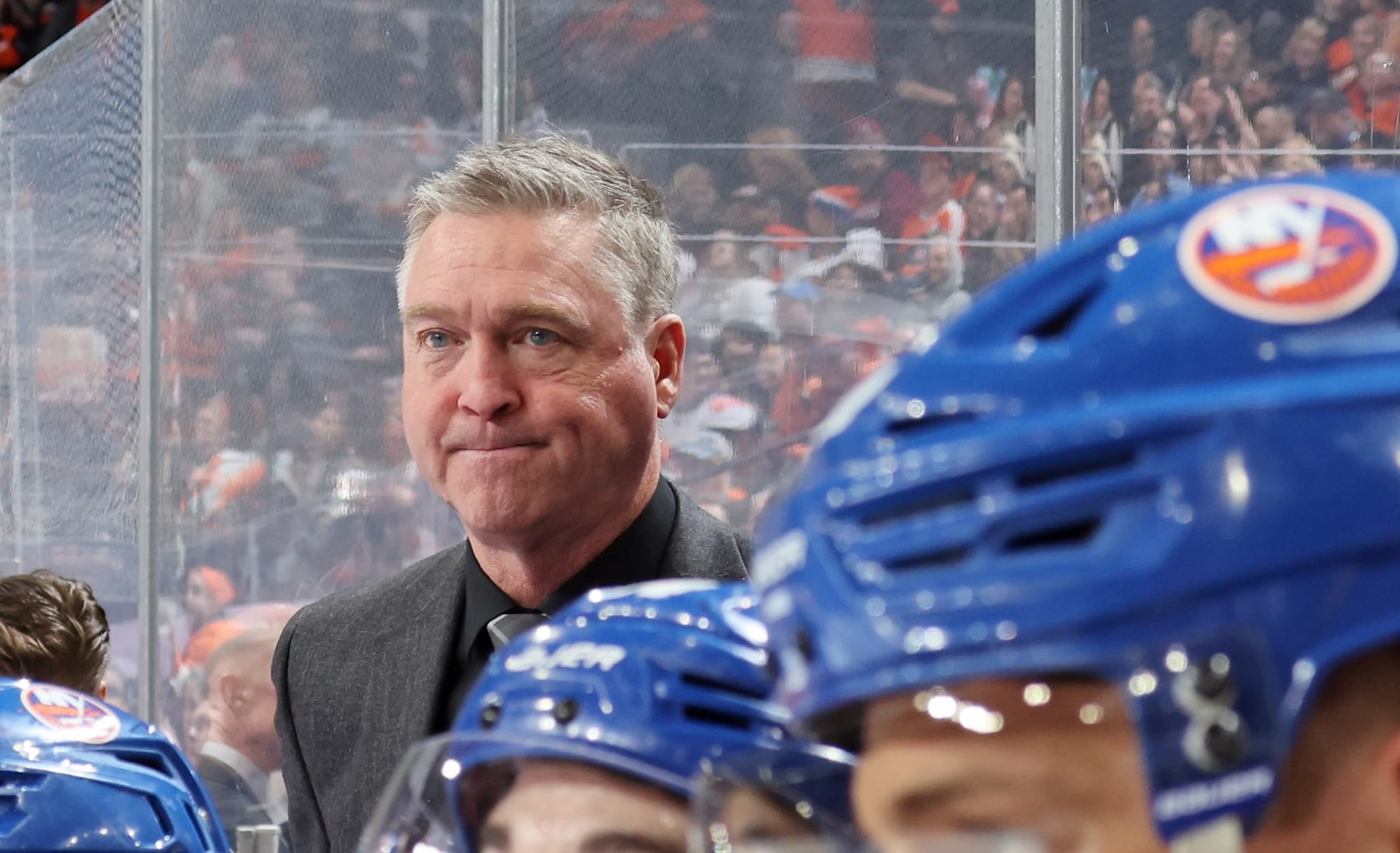 PHILADELPHIA, PENNSYLVANIA - APRIL 01:  Head Coach of the New York Islanders Patrick Roy looks on from his bench during the first period against the Philadelphia Flyers at the Wells Fargo Center on April 1, 2024 in Philadelphia, Pennsylvania.  (Photo by Len Redkoles/NHLI via Getty Images)