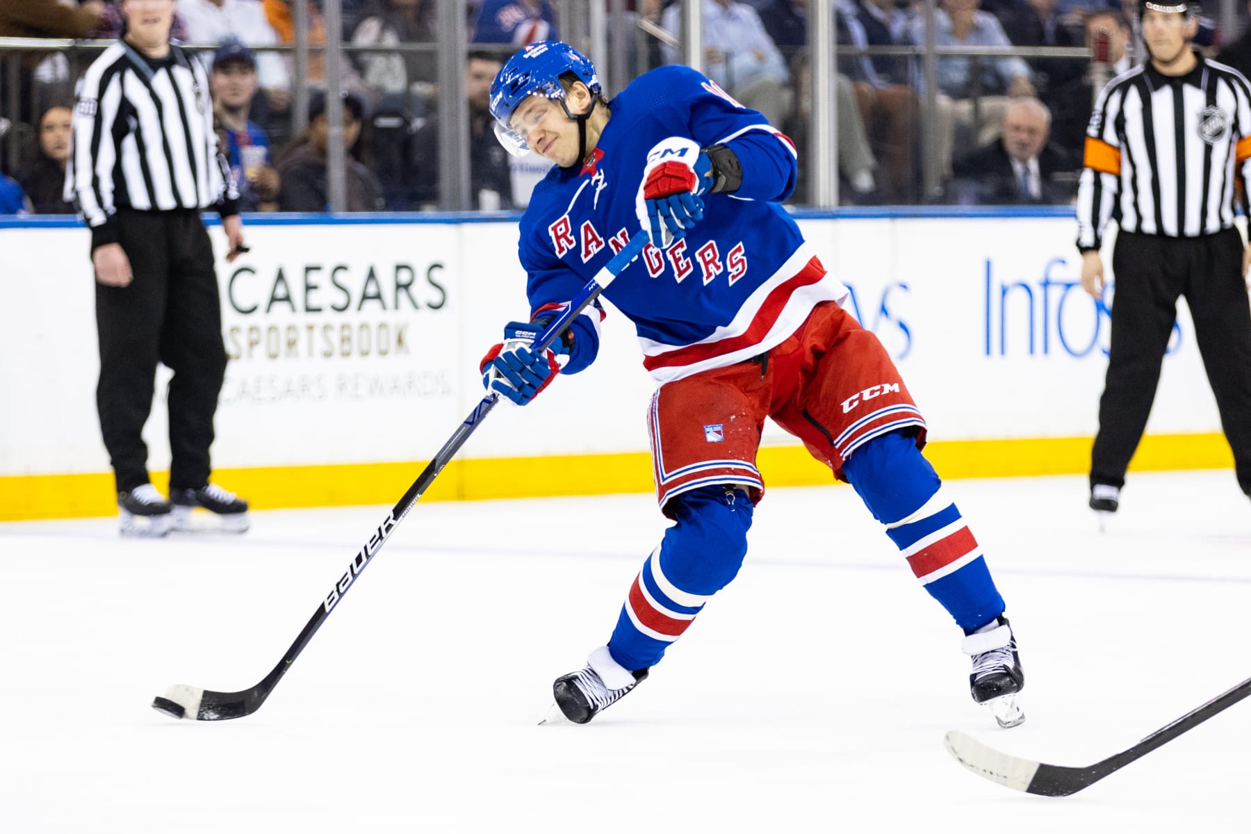 NEW YORK, NEW YORK - APRIL 11: Artemi Panarin #10 of the New York Rangers shoots the puck during the second period against the Philadelphia Flyers at Madison Square Garden on April 11, 2024 in New York City. (Photo by Dustin Satloff/Getty Images)