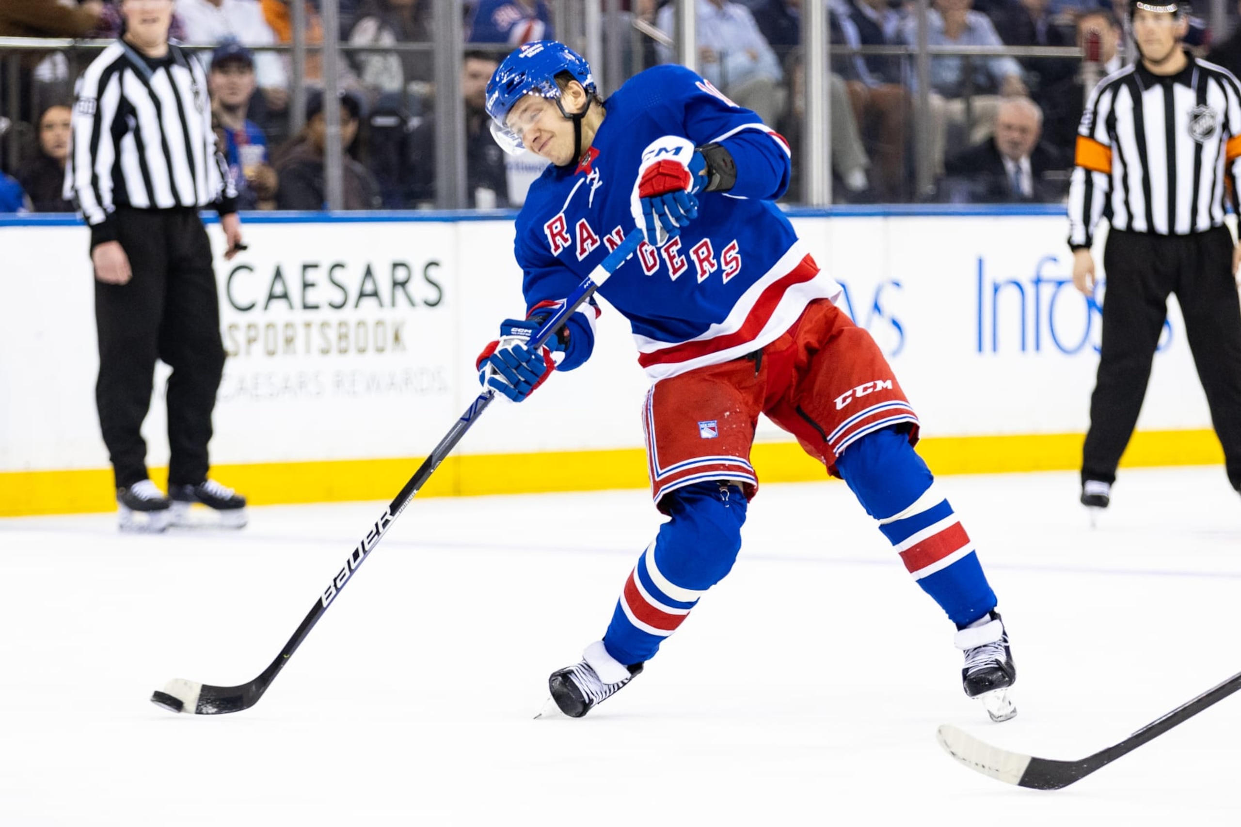 NEW YORK, NEW YORK - APRIL 11: Artemi Panarin #10 of the New York Rangers shoots the puck during the second period against the Philadelphia Flyers at Madison Square Garden on April 11, 2024 in New York City. (Photo by Dustin Satloff/Getty Images)