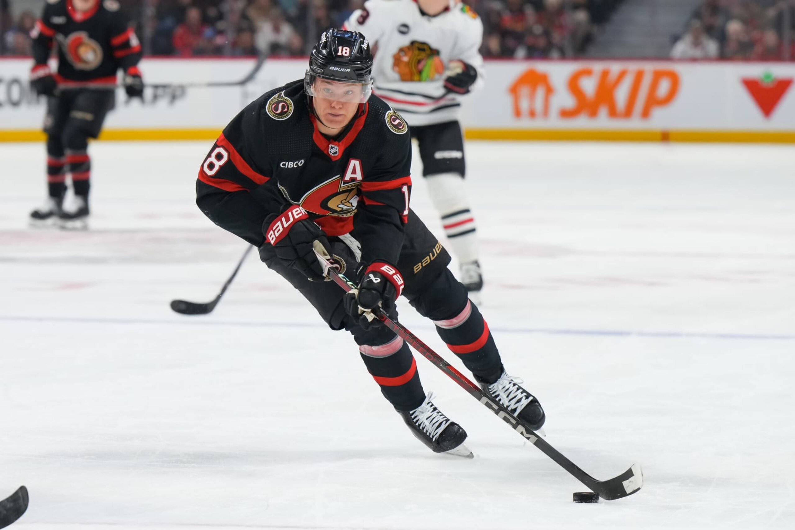 OTTAWA, CANADA - MARCH 28:  Tim Stützle #18 of the Ottawa Senators skates against the Chicago Blackhawks at Canadian Tire Centre on March 28, 2024 in Ottawa, Ontario, Canada.  (Photo by André Ringuette/NHLI via Getty Images)