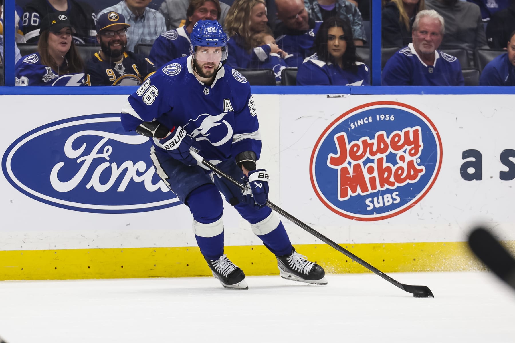 TAMPA, FL - APRIL 15: Nikita Kucherov #86 of the Tampa Bay Lightning against the Buffalo Sabres during the third period at Amalie Arena on April 15, 2024 in Tampa, Florida. (Photo by Mark LoMoglio/NHLI via Getty Images)