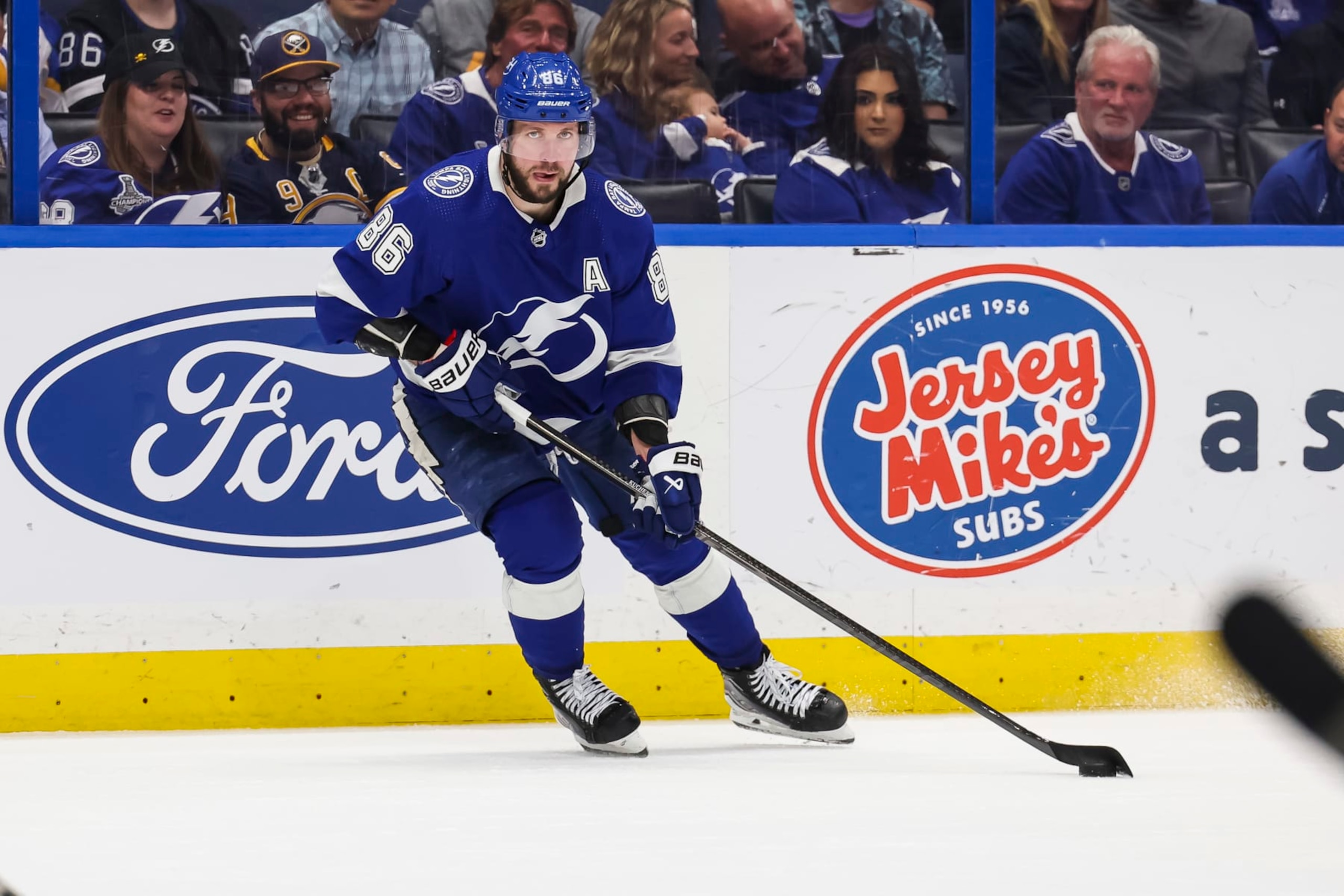 TAMPA, FL - APRIL 15: Nikita Kucherov #86 of the Tampa Bay Lightning against the Buffalo Sabres during the third period at Amalie Arena on April 15, 2024 in Tampa, Florida. (Photo by Mark LoMoglio/NHLI via Getty Images)