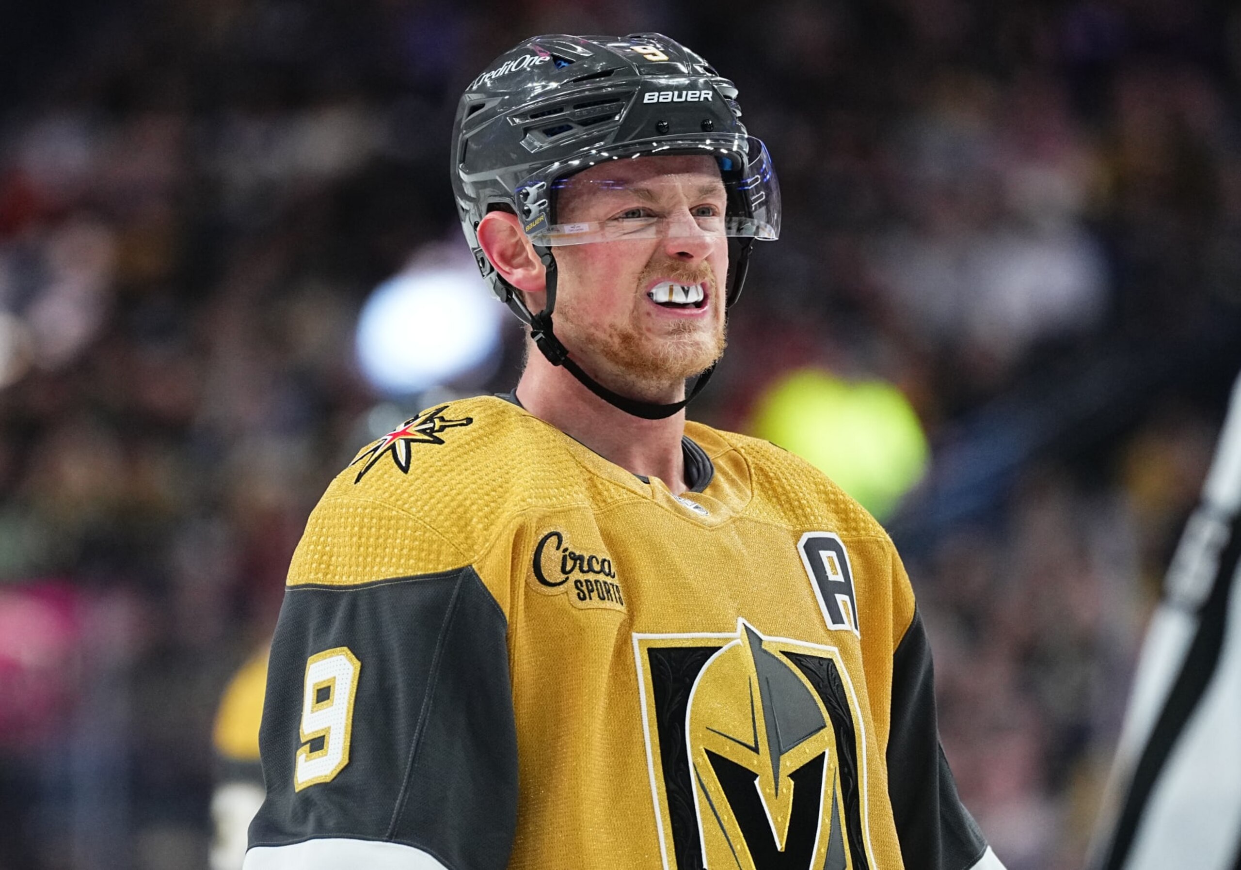 LAS VEGAS, NEVADA - APRIL 18: Jack Eichel #9 of the Vegas Golden Knights reacts during the first period against the Anaheim Ducks at T-Mobile Arena on April 18, 2024 in Las Vegas, Nevada. (Photo by Jeff Bottari/NHLI via Getty Images)