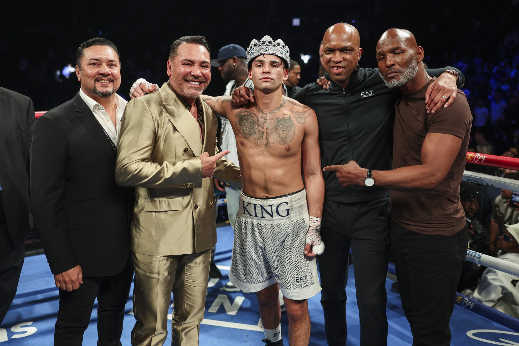NEW YORK, NEW YORK - APRIL 20: Ryan Garcia poses with Beto Duran, Oscar De La Hoya, Derrick James, and Bernard Hopkins after defeating Devin Haney in a fight at Barclays Center on April 20, 2024 in New York City.  (Photo by Cris Esqueda/Golden Boy/Getty Images)