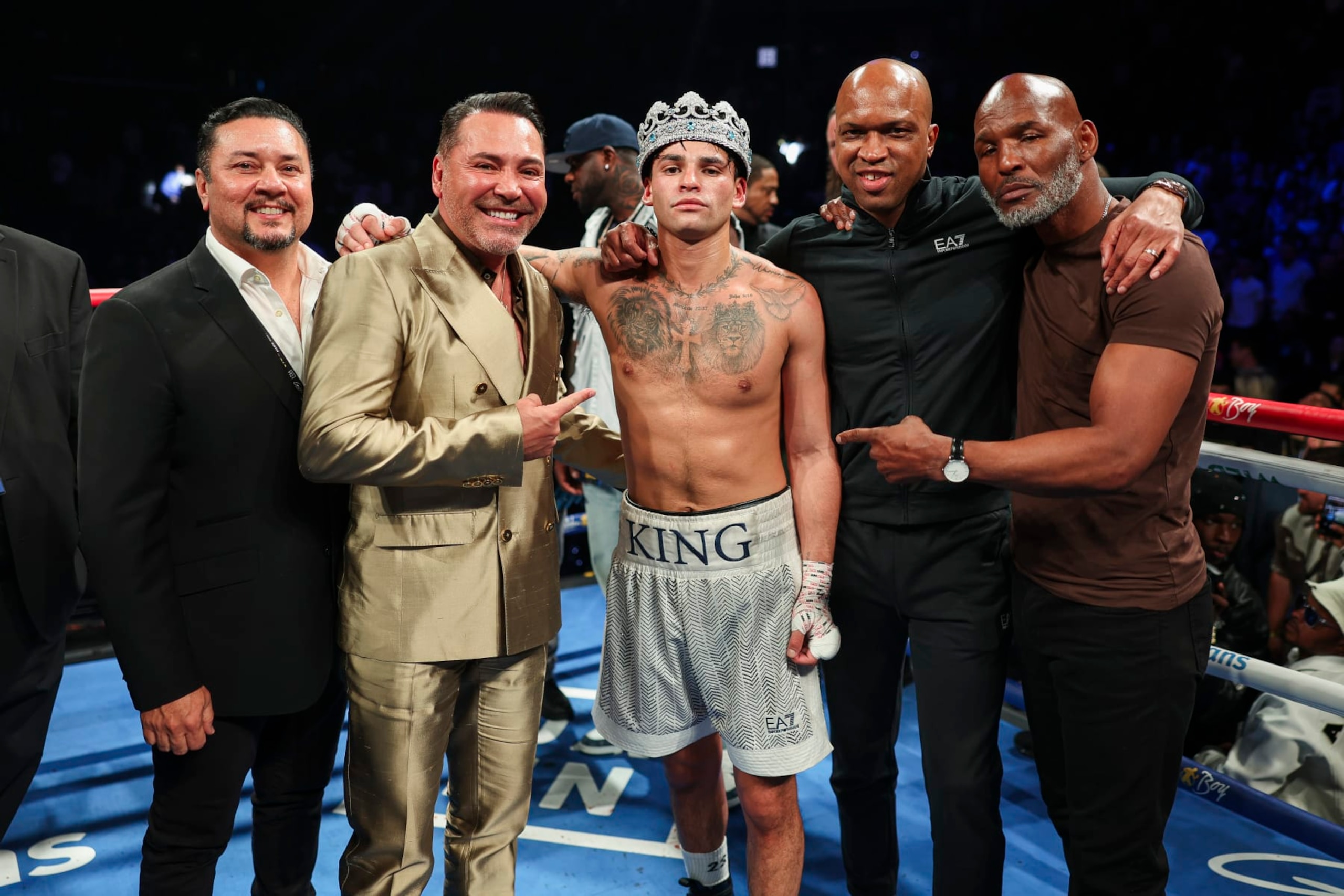 NEW YORK, NEW YORK - APRIL 20: Ryan Garcia poses with Beto Duran, Oscar De La Hoya, Derrick James, and Bernard Hopkins after defeating Devin Haney in a fight at Barclays Center on April 20, 2024 in New York City.  (Photo by Cris Esqueda/Golden Boy/Getty Images)