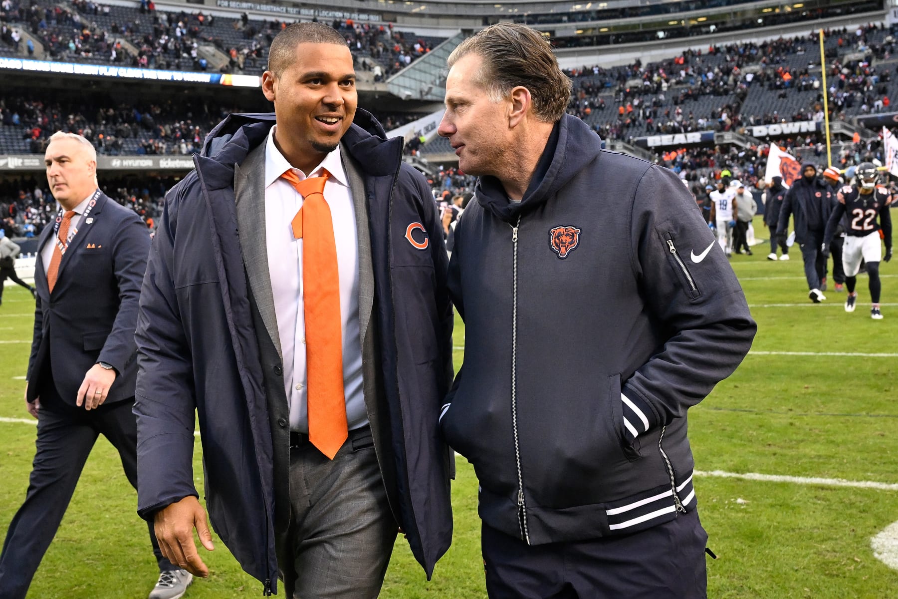 CHICAGO, ILLINOIS - DECEMBER 10: General Manager Ryan Poles and head coach Matt Eberflus walk off the field after a win over the Detroit Lions at Soldier Field on December 10, 2023 in Chicago, Illinois. (Photo by Quinn Harris/Getty Images)