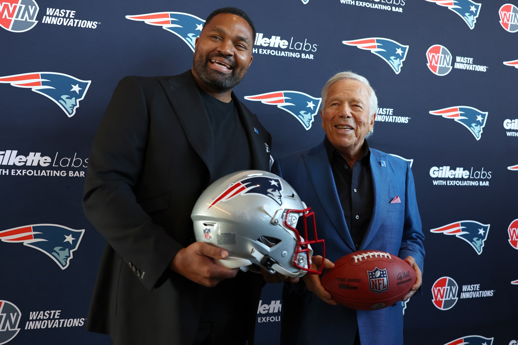 FOXBOROUGH, MASSACHUSETTS - JANUARY 17: (L-R) Newly appointed head coach Jerod Mayo and Owner Robert Kraft of the New England Patriots pose after a press conference at Gillette Stadium on January 17, 2024 in Foxborough, Massachusetts. (Photo by Maddie Meyer/Getty Images)