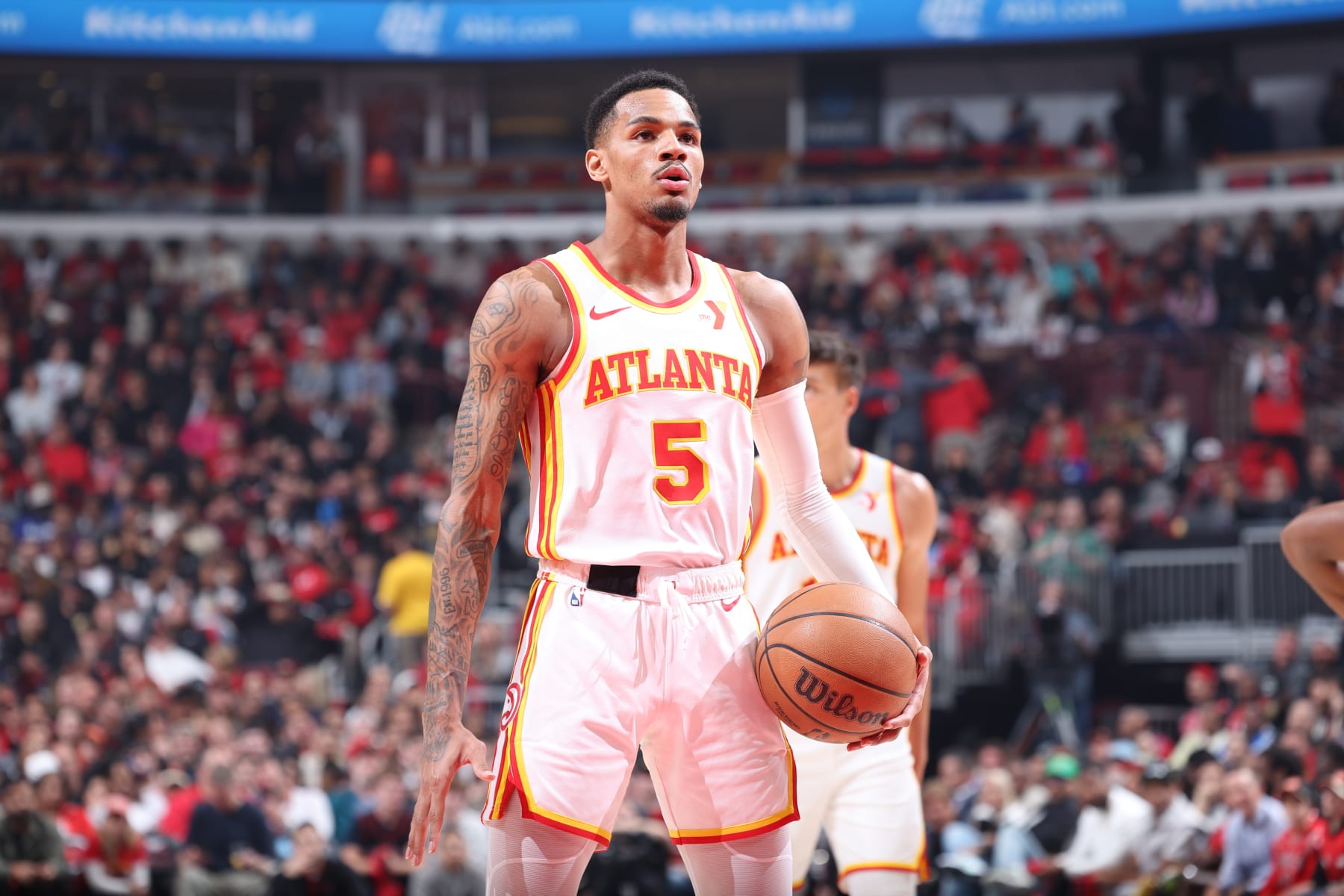 CHICAGO, IL - APRIL 17:  Dejounte Murray #5 of the Atlanta Hawks shoots a free throw during the game  against the Chicago Bulls during the 2024 Play-In Tournament  on April 17, 2024 at United Center in Chicago, Illinois. NOTE TO USER: User expressly acknowledges and agrees that, by downloading and or using this photograph, User is consenting to the terms and conditions of the Getty Images License Agreement. Mandatory Copyright Notice: Copyright 2024 NBAE (Photo by Jeff Haynes/NBAE via Getty Images)