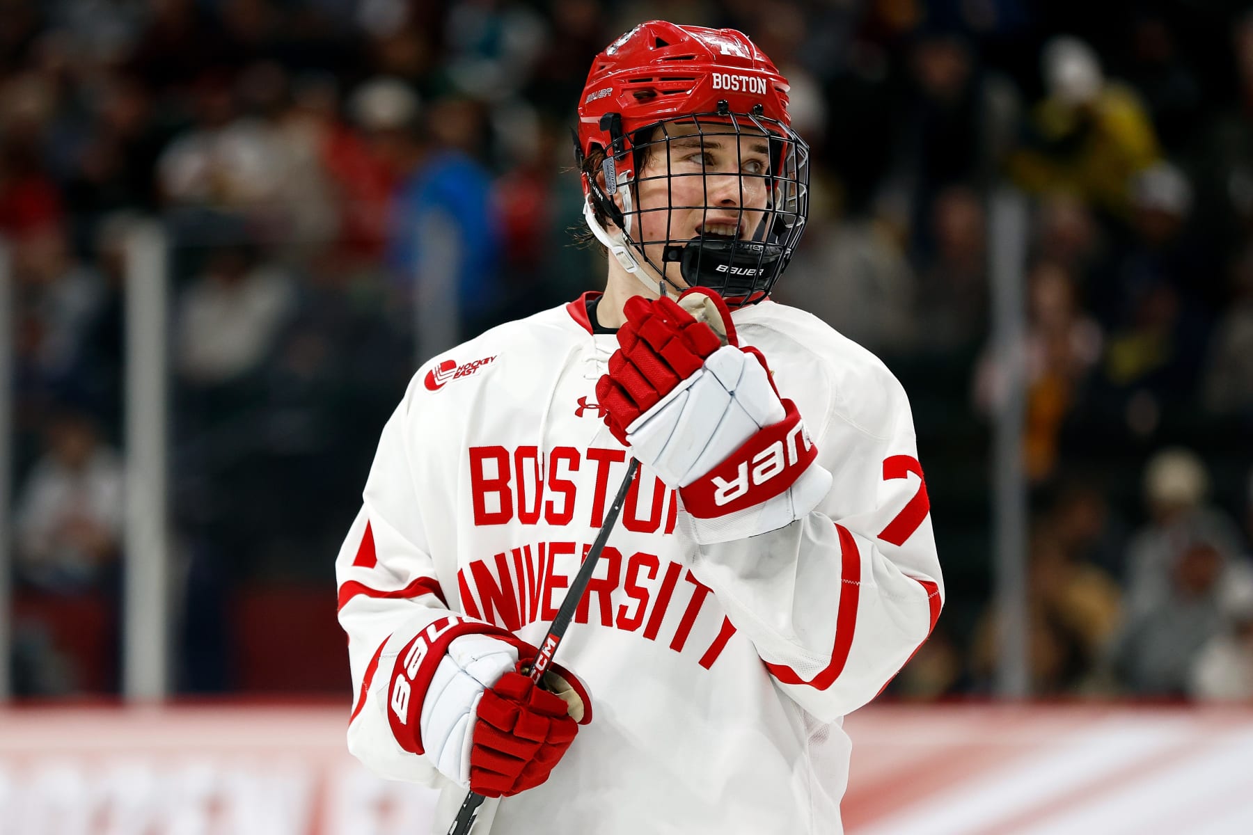 ST PAUL, MINNESOTA - APRIL 11: Macklin Celebrini #71 of the Boston University Terriers looks on against the Denver Pioneers in the second period during the NCAA Men's Hockey Frozen Four semifinal game at Xcel Energy Center on April 11, 2024 in St Paul, Minnesota. (Photo by David Berding/Getty Images)