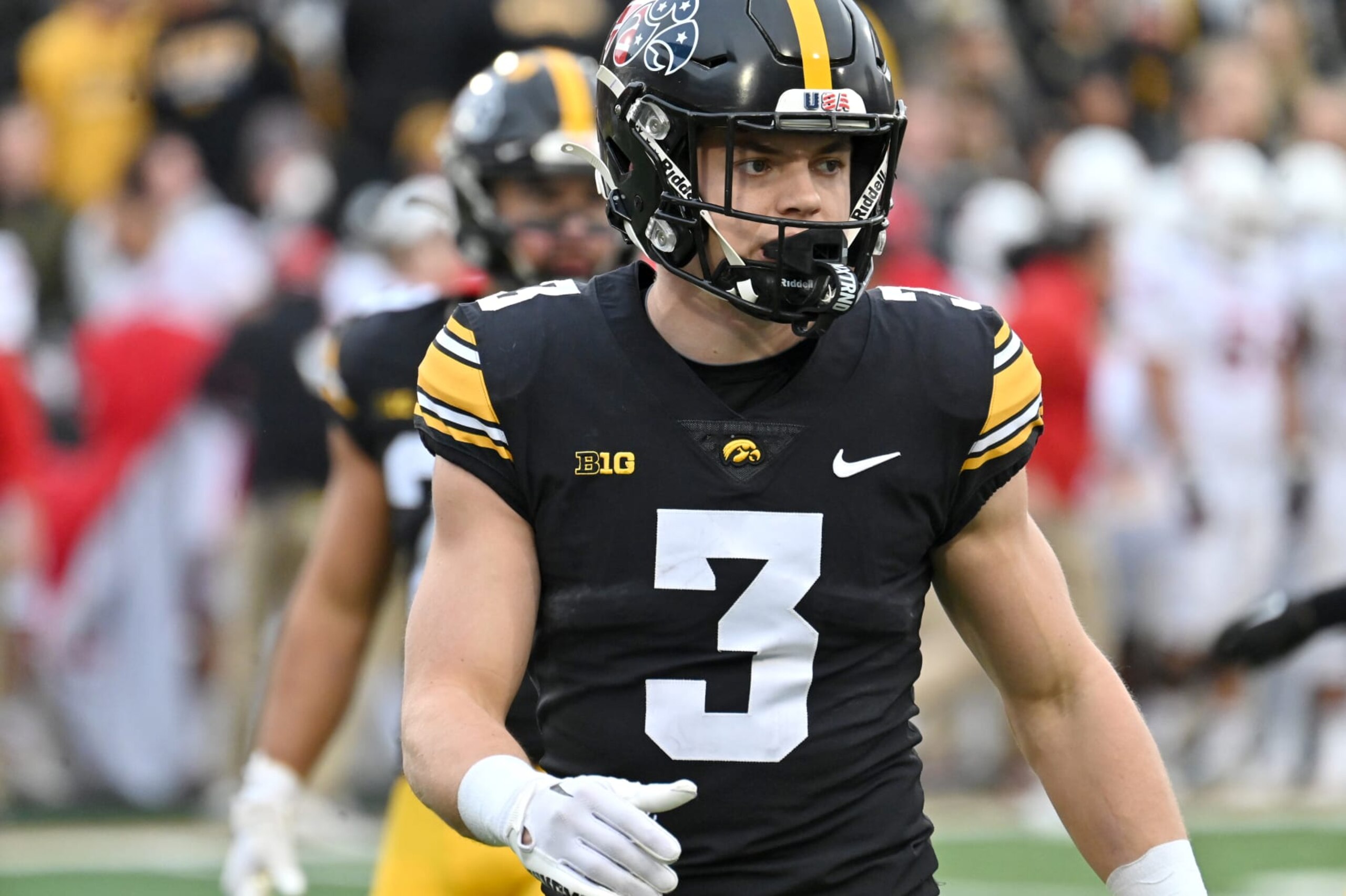 IOWA CITY, IA - NOVEMBER 11: Iowa Hawkeyes left corner back Cooper DeJean (3) as seen during a college football game between the Rutgers Scarlet Knights and the Iowa Hawkeyes on November 11, 2023, at Kinnick Stadium in Iowa City, IA. (Photo by Keith Gillett/Icon Sportswire via Getty Images) IOWA CITY, IA - NOVEMBER 11: Iowa Hawkeyes left corner back Cooper DeJean (3) as seen during a college football game between the Rutgers Scarlet Knights and the Iowa Hawkeyes on November 11, 2023, at Kinnick Stadium in Iowa City, IA. (Photo by Keith Gillett/Icon Sportswire via Getty Images)