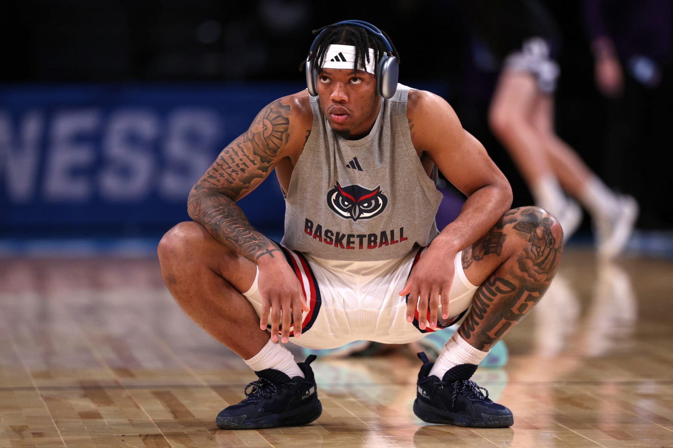 NEW YORK, NEW YORK - MARCH 22: Alijah Martin #15 of the Florida Atlantic Owls warms up before the game against the Northwestern Wildcats in the first round of the NCAA Men's Basketball Tournament at Barclays Center on March 22, 2024 in New York City. (Photo by Elsa/Getty Images) NEW YORK, NEW YORK - MARCH 22: Alijah Martin #15 of the Florida Atlantic Owls warms up before the game against the Northwestern Wildcats in the first round of the NCAA Men's Basketball Tournament at Barclays Center on March 22, 2024 in New York City. (Photo by Elsa/Getty Images)