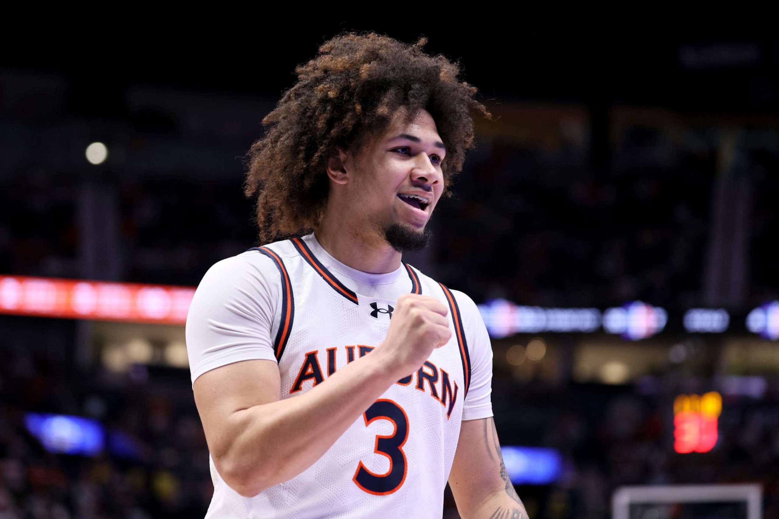 NASHVILLE, TENNESSEE - MARCH 17: Tre Donaldson #3 of the Auburn Tigers celebrates against the Florida Gators during the second half of the SEC Tournament Championship game at Bridgestone Arena on March 17, 2024 in Nashville, Tennessee. (Photo by Andy Lyons/Getty Images) NASHVILLE, TENNESSEE - MARCH 17: Tre Donaldson #3 of the Auburn Tigers celebrates against the Florida Gators during the second half of the SEC Tournament Championship game at Bridgestone Arena on March 17, 2024 in Nashville, Tennessee. (Photo by Andy Lyons/Getty Images)