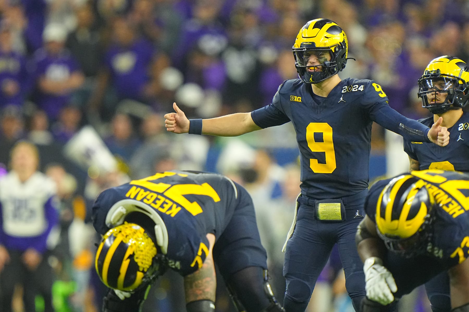 College Football: CFP National Championship: Michigan quarterback JJ McCarthy (9) in action, call a play from shotgun vs Washington at NRG Stadium. 
Houston, TX 1/8/2024
CREDIT: Erick W. Rasco (Photo by Erick W. Rasco/Sports Illustrated via Getty Images) 
(Set Number: X164476 TK1)