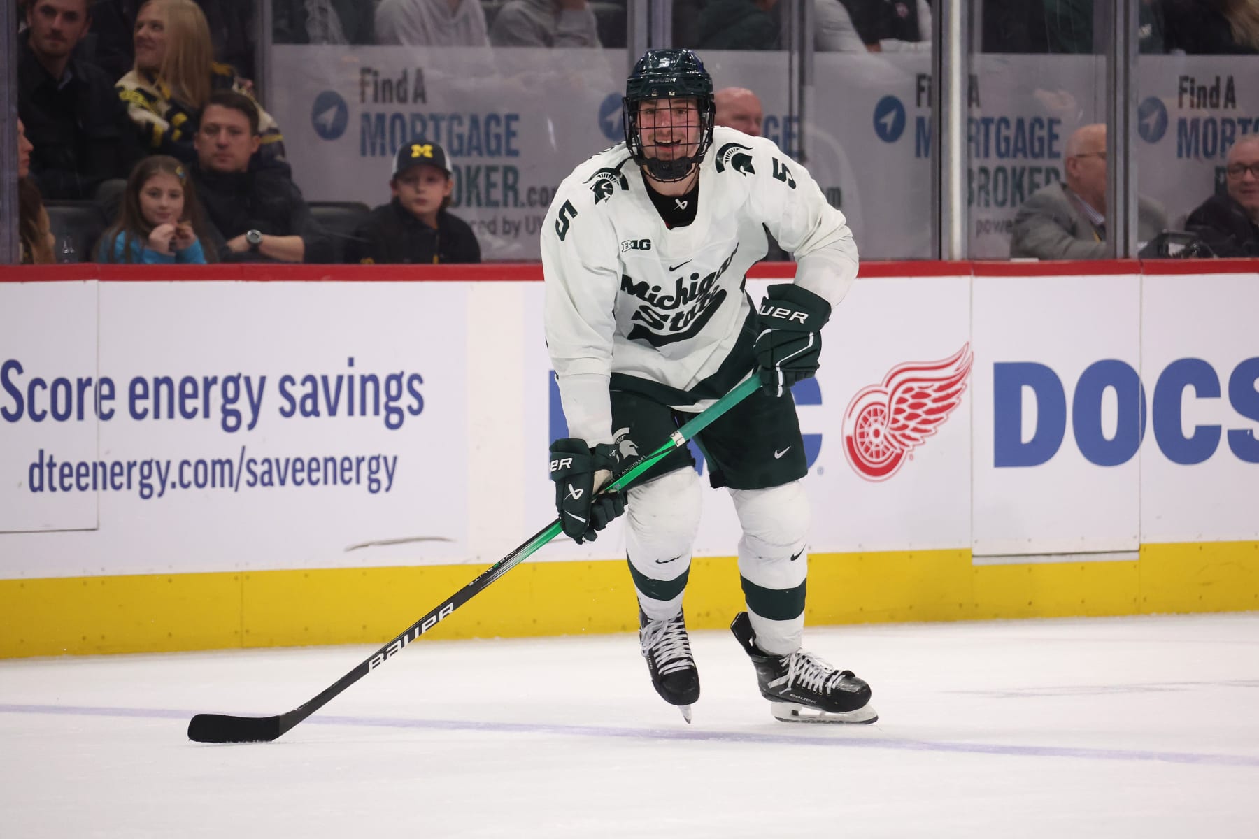 DETROIT, MICHIGAN - FEBRUARY 10: Artyom Levshunov #5 of the Michigan State Spartans plays against the Michigan Wolverines at Little Caesars Arena on February 10, 2024 in Detroit, Michigan. (Photo by Gregory Shamus/Getty Images)