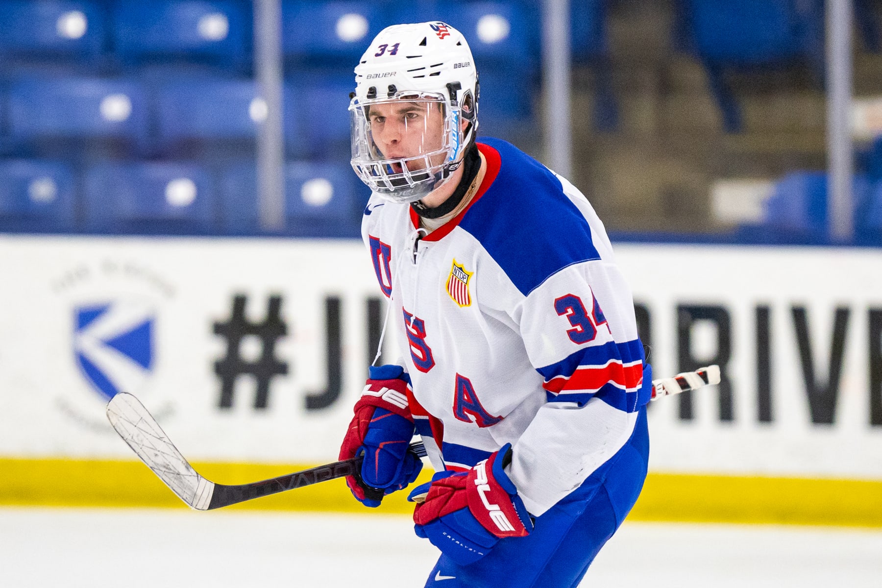PLYMOUTH, MI - FEBRUARY 7: Cole Eiserman #34 of Team USA celebrates his goal during U18 Five Nations Tournament between Team Finland and Team USA at USA Hockey Arena on February 7, 2024 in Plymouth, Michigan. (Photo by Michael Miller/ISI Photos/Getty Images)