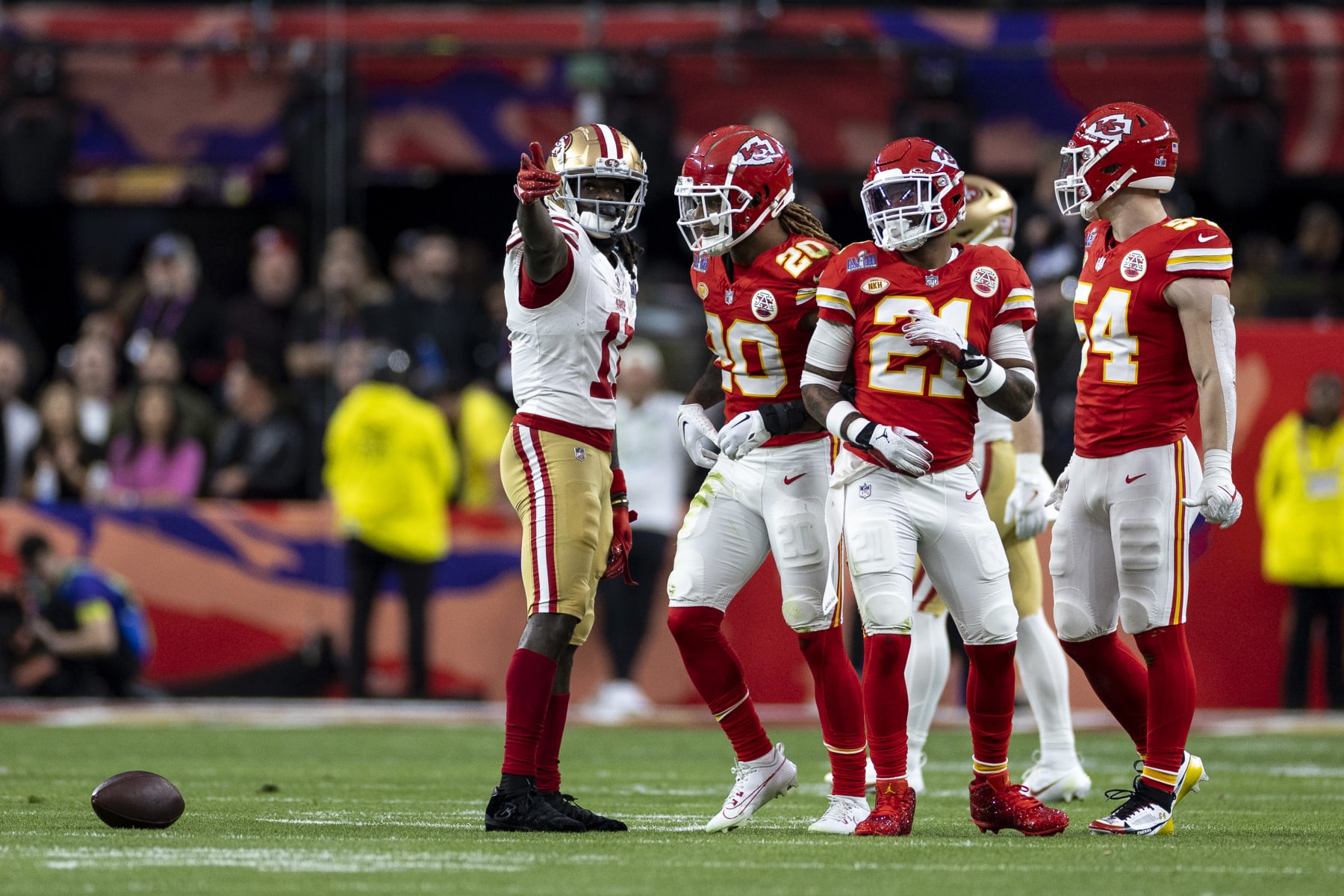 LAS VEGAS, NEVADA - FEBRUARY 11: Brandon Aiyuk #11 of the San Francisco 49ers signals for a first down during the NFL Super Bowl 58 football game between the San Francisco 49ers and the Kansas City Chiefs at Allegiant Stadium on February 11, 2024 in Las Vegas, Nevada. (Photo by Michael Owens/Getty Images)